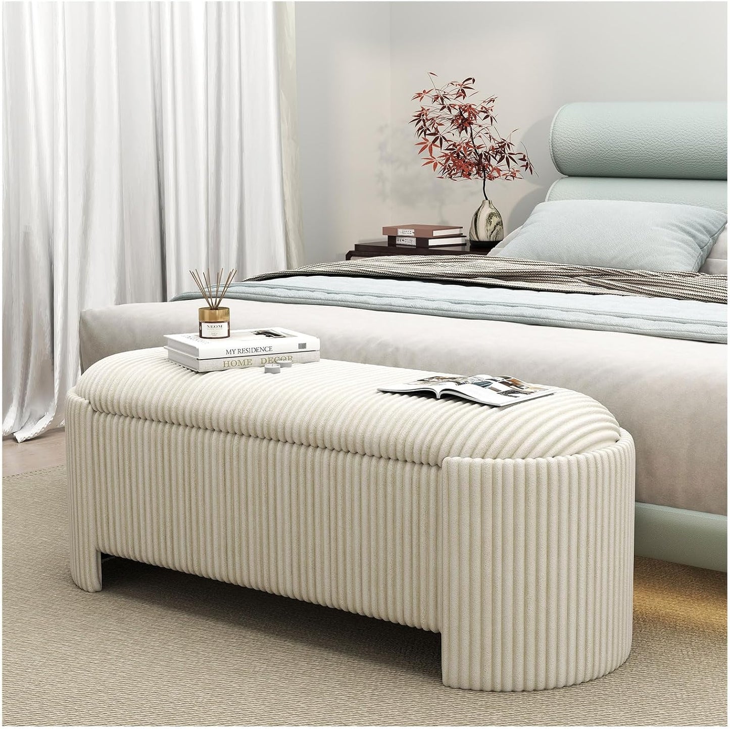Storage Ottoman Bench Upholstered Corduroy End of Bed with Safety Hinge for Bedroom, Living Room, Entryway, Closet, Stool Modern Design Legs, No Installation Needed, White