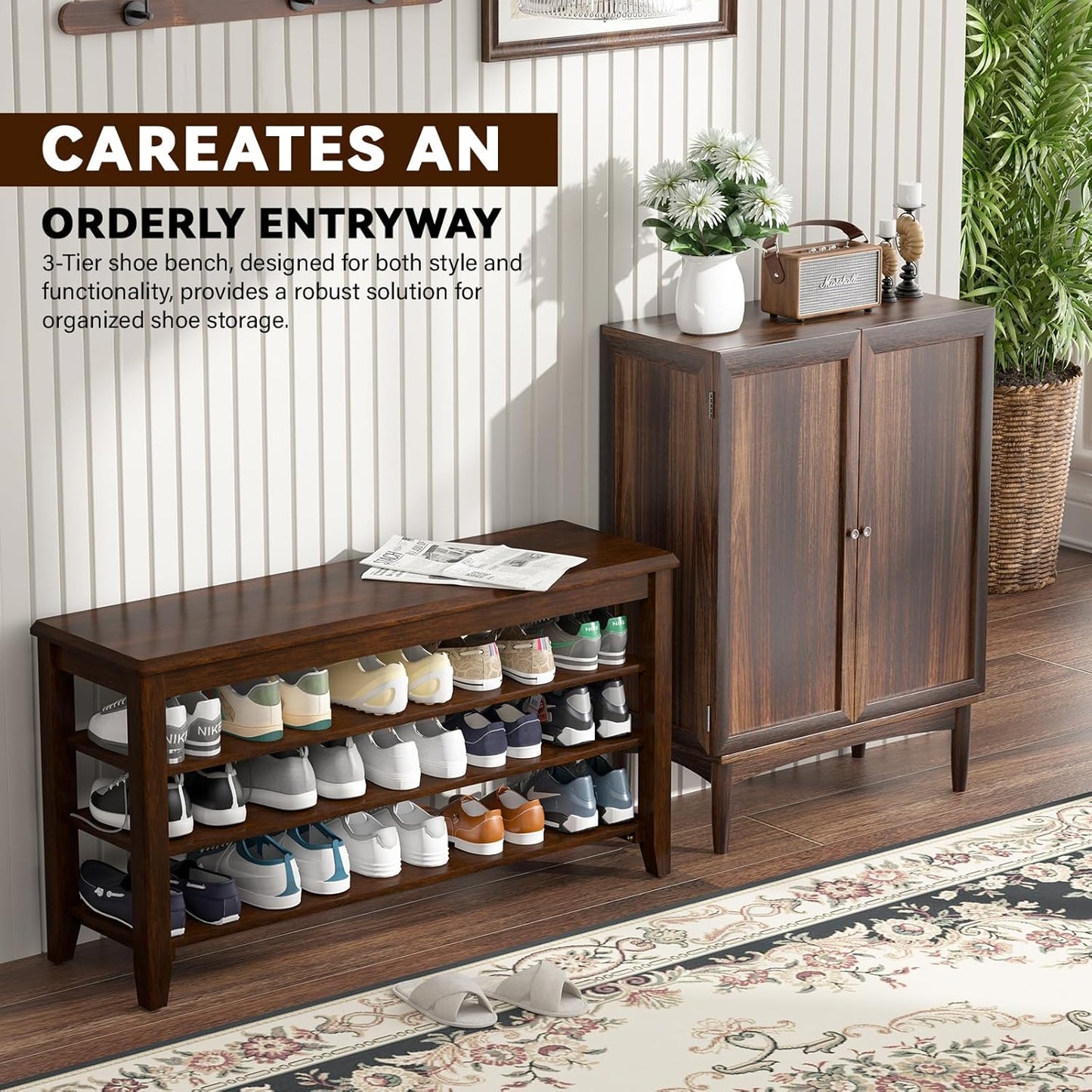 Shoe Bench Storage Rubberwood, Entryway Bench with 3-Tiers Height Adjustable, Shoe Rack Front Door Entrance Organizer for Hallway Living Room, Mudrooms, Walnut,23.6"