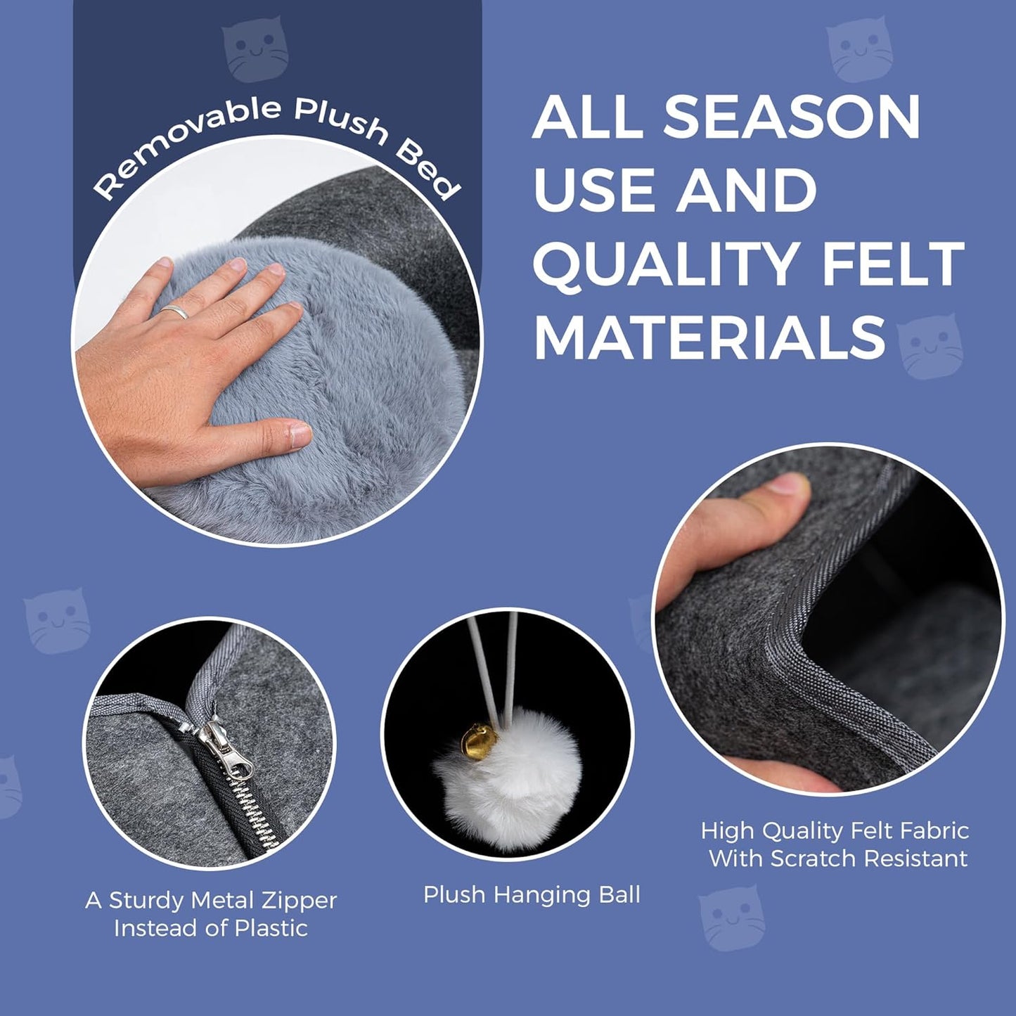 Premium Large Size 24 Inch Cat Tunnel Bed - With Upgraded Metal Zipper - Detachable Round Design - Washable - and Scratch Resistant - Includes 3 Toys and Removable Cushion