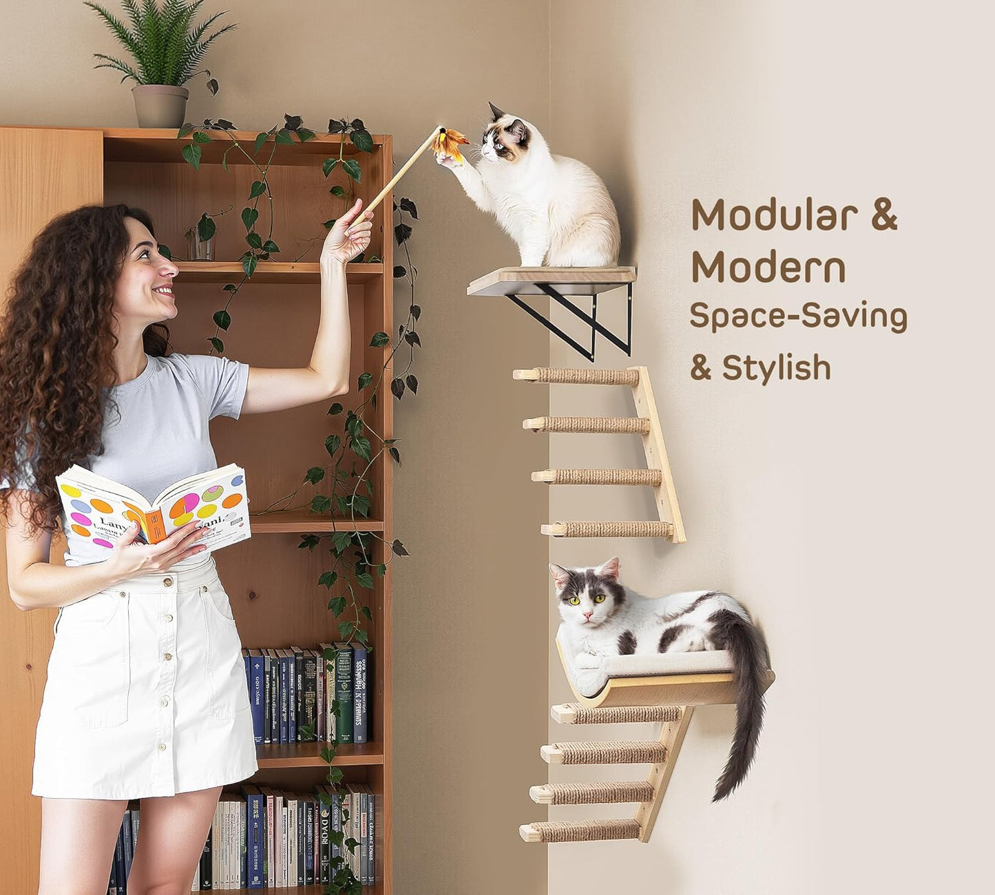 Wood Cat Wall Shelf with Soft Foam Cushion, Curved Cats Wall Bed for Large Cats, Floating Cat Perch for Sleeping & Climbing