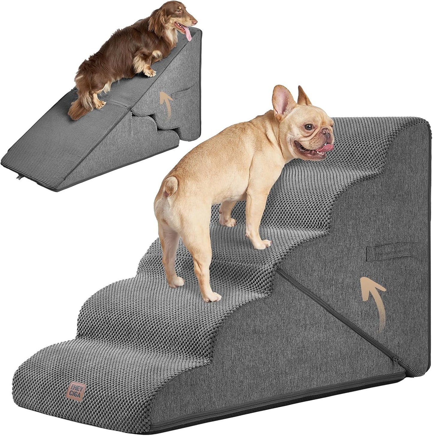 EHEYCIGA Curved Foldable Dog Stairs Ramp for High Beds 22.5" H, 5-Step Dog Steps for Small Dogs and Cats, Pet Stairs for High Bed Climbing, Non-Slip Balanced Pet Step Indoor, Grey
