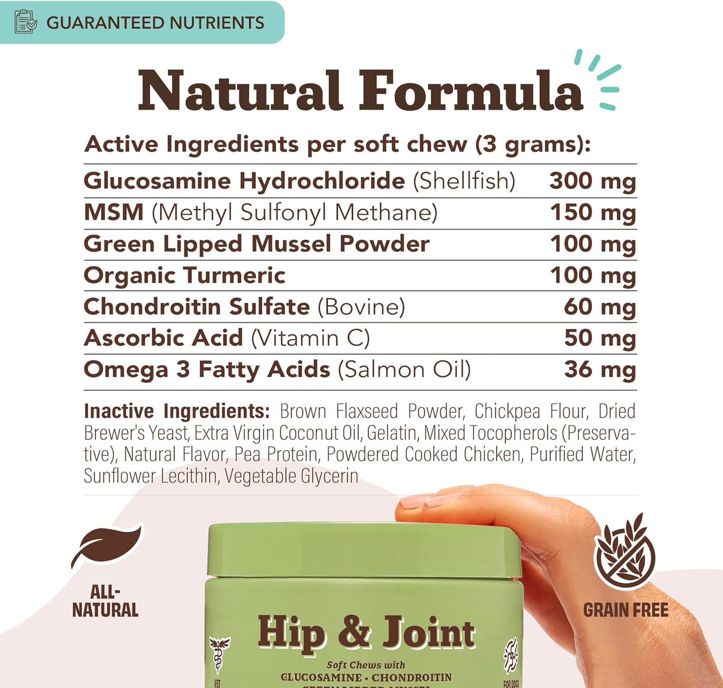 Natural Dog Company Hip & Joint Chews, Chicken Liver & Turmeric Flavor, with Glucosamine Chondroitin for Dogs, Maintains Bone and Joint Health, Supplements for Seniors and Puppies, 90 Count