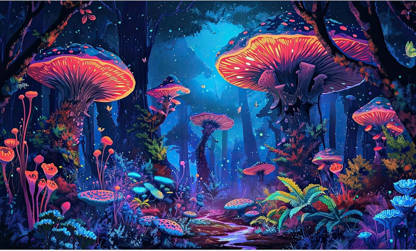 Mushrooms Aquarium Background Fantasy Bright Flowers Butterflies Fish Tank Backdrop Decoration Poster Trippy Wonderland Landscape with Giant Mystical Mushrooms Terrarium Background Decor 36x18in