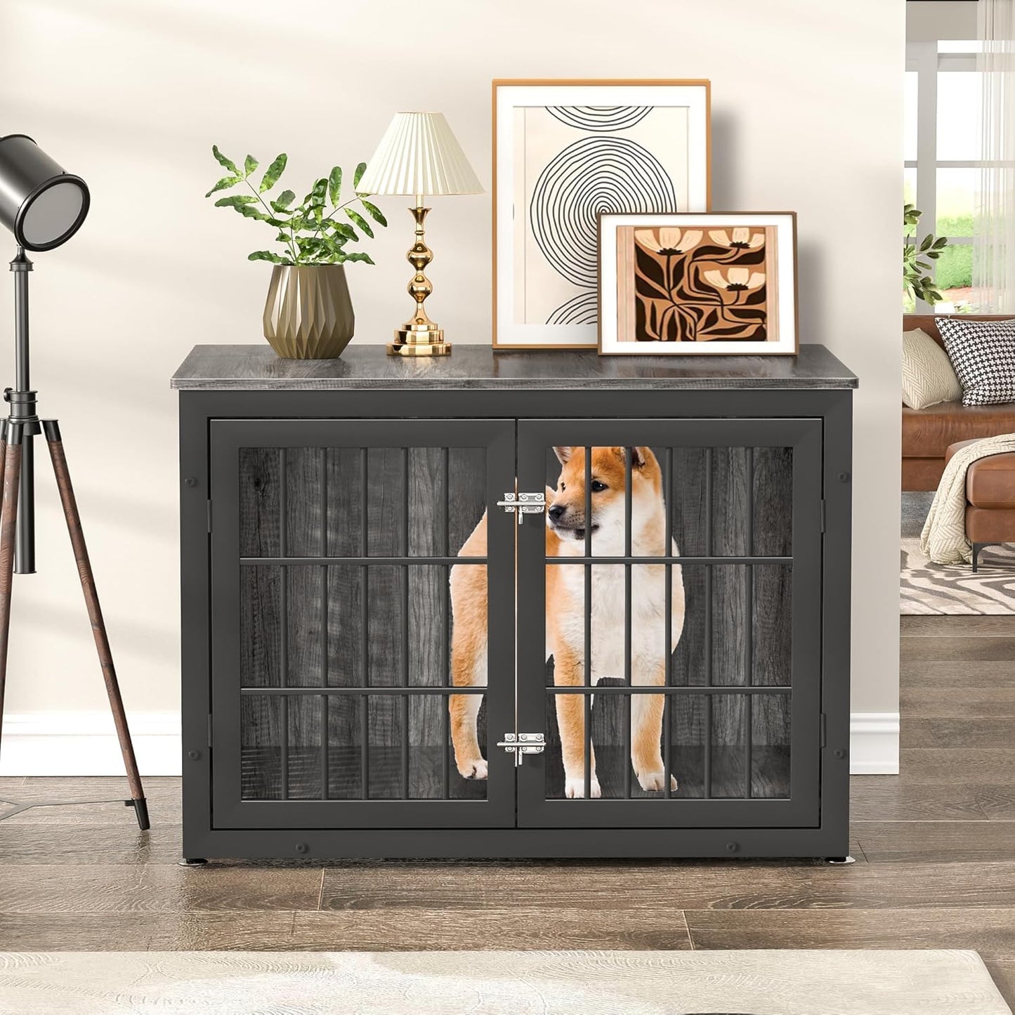 38" Heavy Duty Dog Crate Furniture for Large and Medium Dogs,Wooden Metal Kennel for High Anxiety Dogs, Chew Proof Cage Indoor, Decorative Kennel End Table