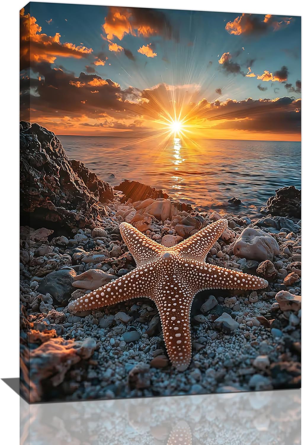 Beach Starfish Wall Decor Ocean Starfish Wall Art Sunset Scenery Coastal Theme Pictures Canvas Nature Seascape Painting Print Framed Artwork Decorations for Home Bathroom Living Room Bedroom Office 16"x24"