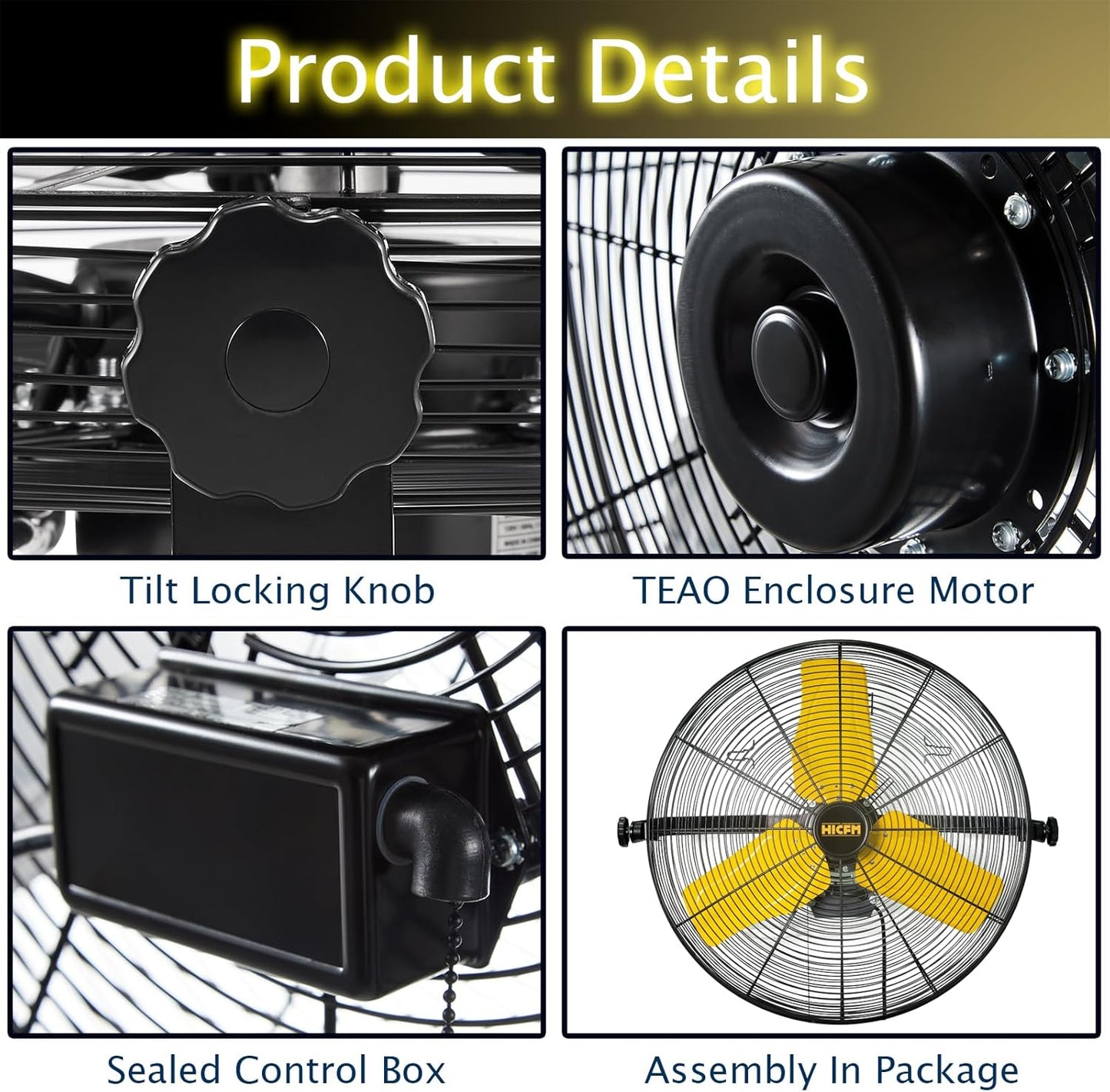 HiCFM 9100 CFM 24 inch Heavy Duty Industrial Wall Mounted Fan with TEAO Enclosure Motor, Permanent Lubricated Ball Bearing, 9 FT Cord, 180Degree Tilting, Safety Yellow Blade Wall Fan - UL Listed
