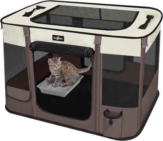 Foldable Pet Kitten Playpen, Upgrade Waterproof Portable Cat Dog Playpen Kennel Tent for Small Dog Cat, Removable Shade Cover, Indoor Outdoor Use for Small Pet, Brown