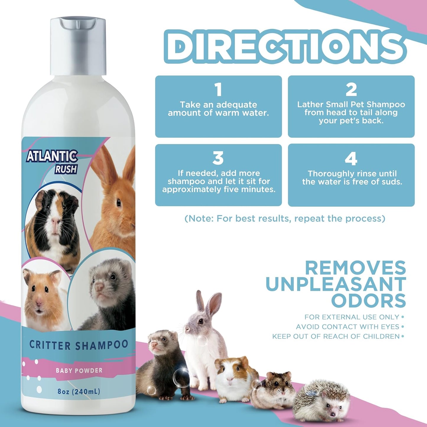 Critter Shampoo for Small Pets - 8oz Small Animal Baby Powder Scented Shampoo - Pet Shampoo for Small Critters Including Ferrets, Guinea Pigs, Rabbits, Hedgehogs, Hamsters & Sugar Gliders