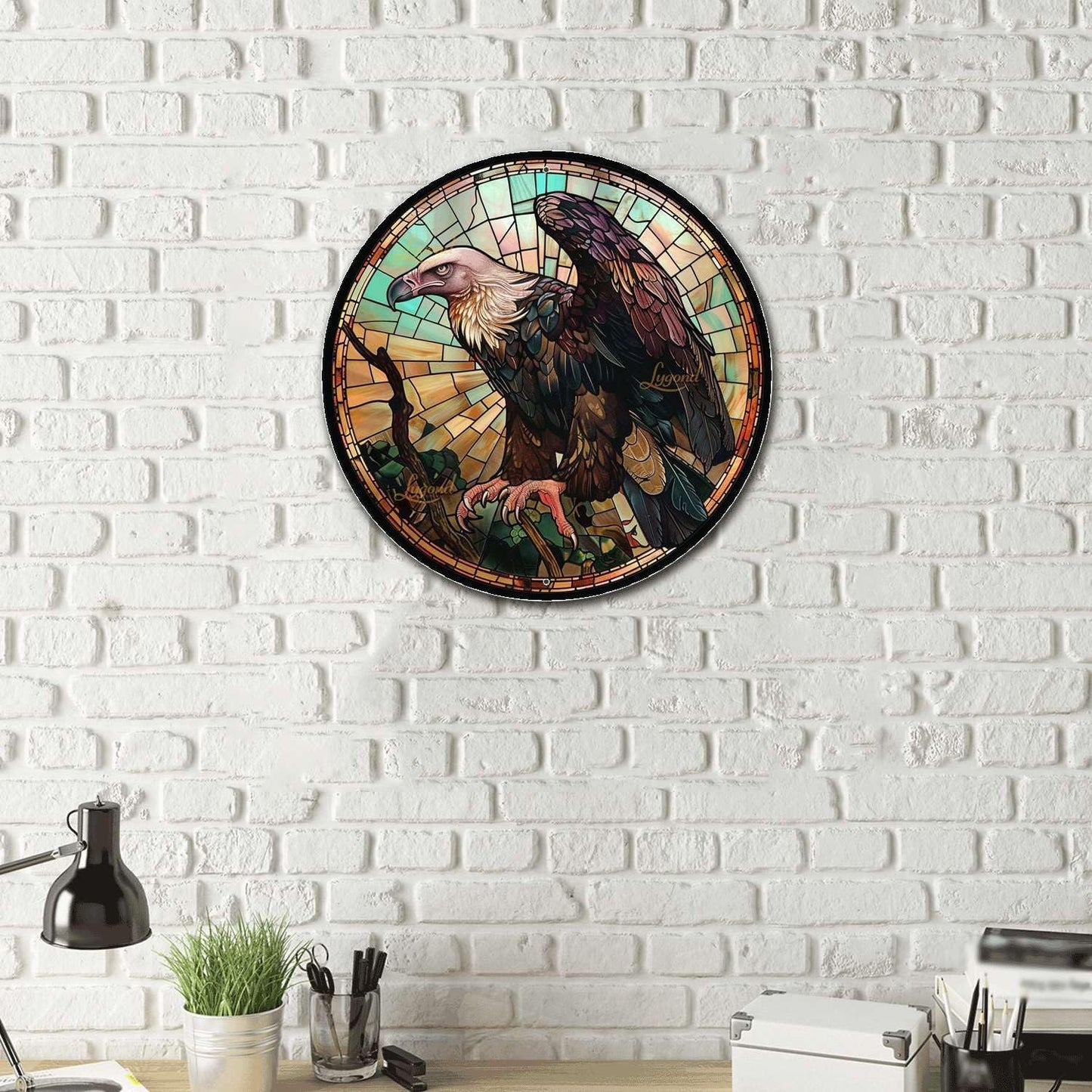 Lygond Metal Sign Tin Sign Circular Stained Glass Vulture Funny Gardening Gift for Patio 8×8 Inches