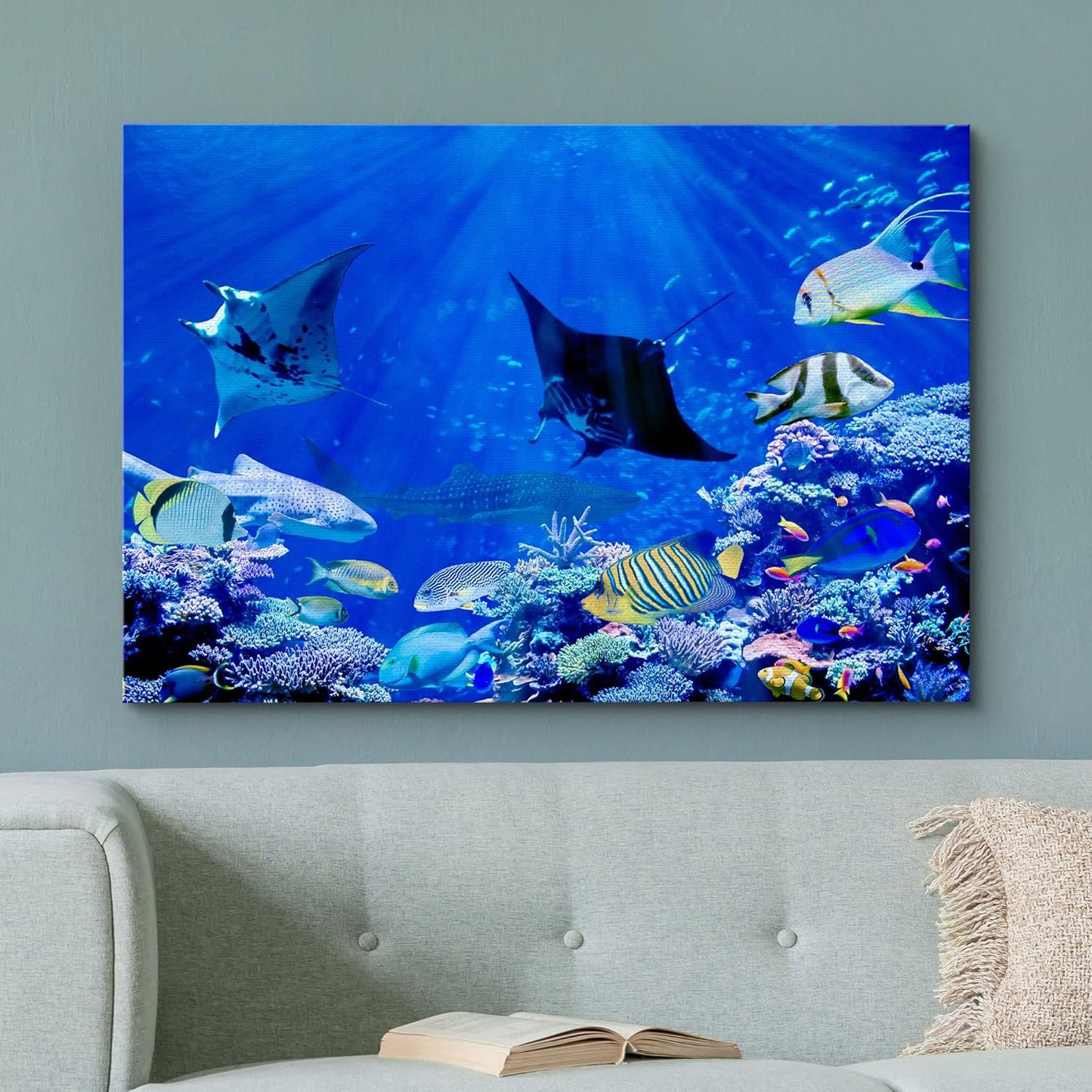 wall26 Canvas Print Wall Art Vibrant Sunlight Ray Ocean Shark Fish Reef Nature Animals Photography Realism Rustic Scenic Landscape Wilderness Earth for Living Room, Bedroom, Office - 16"x24"