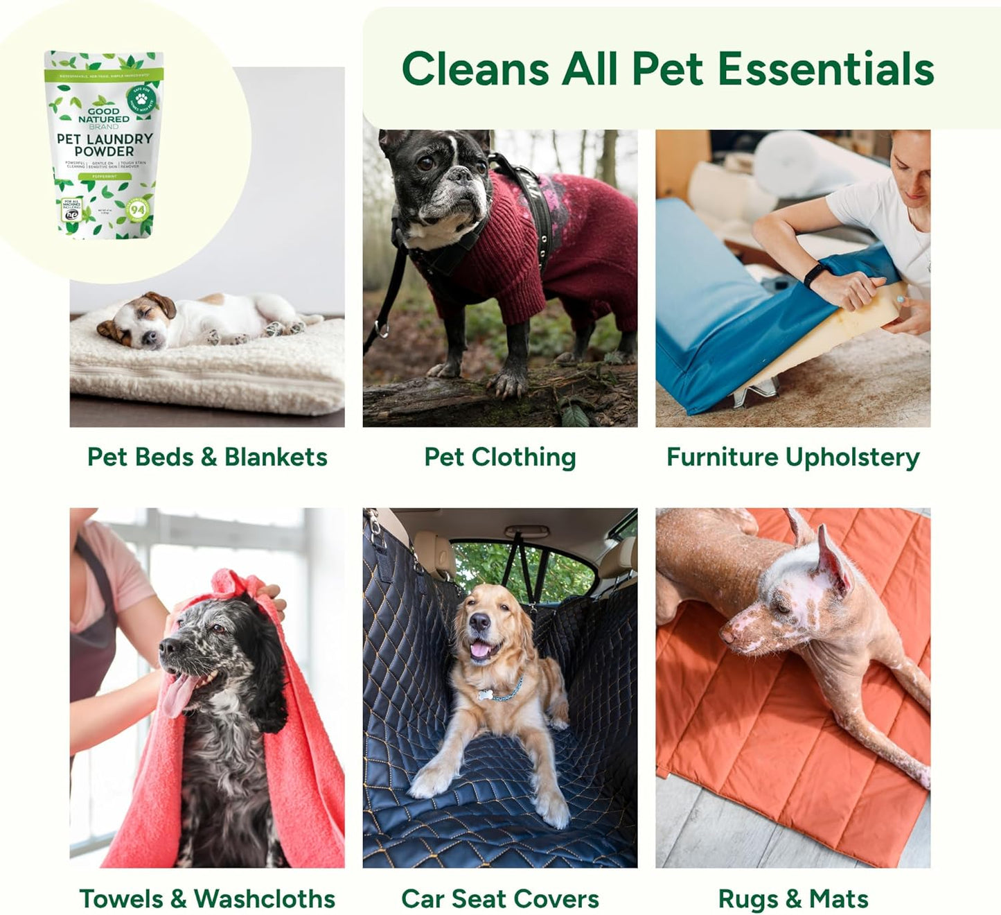 Good Natured Brand | Pet Stain & Odor Remover for Laundry | Pet Laundry Detergent for Dogs Beds, Cat Pee, Smell, Dog Drool | Hypoallergenic & Non-Toxic | Peppermint | 47oz 94 Loads