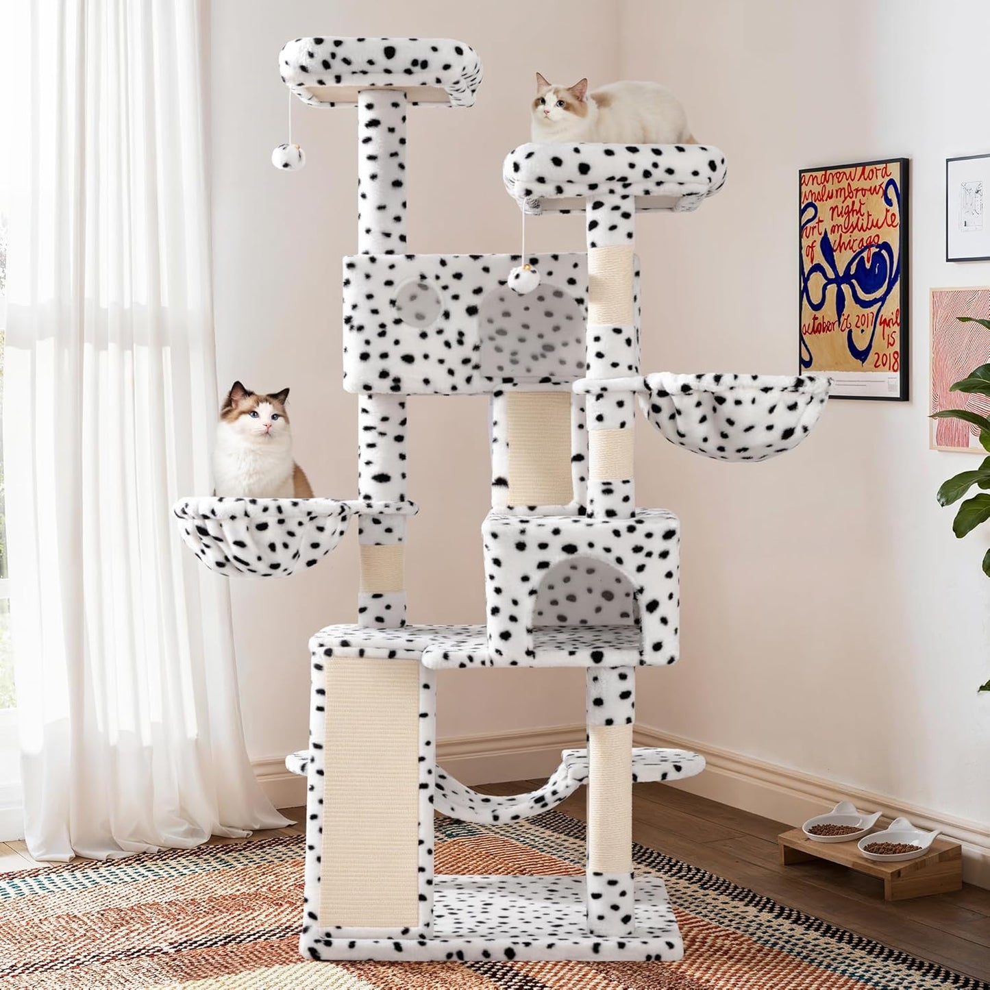 SHA CERLIN 65in Larger Cat Tree Tower Condo for Indoor Kitties/Multi-Level Furniture Activity Center with Wide Base/Cozy Plush Perches/Baskets/Sisal Scratching Posts and Hammock/White & Black Spot