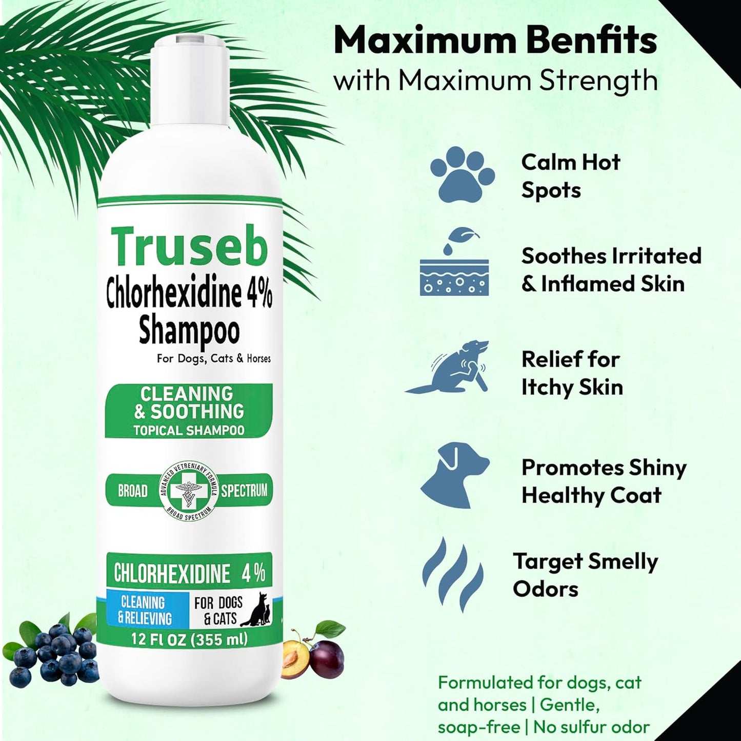 Truseb Topical Chlorhexidine 4% Shampoo for Dogs, Cats, and Horses with Plum/Blueberry Scent - 12 oz - Made in U.S.A (Chlorhexidine 4% Shampoo, 12 oz)
