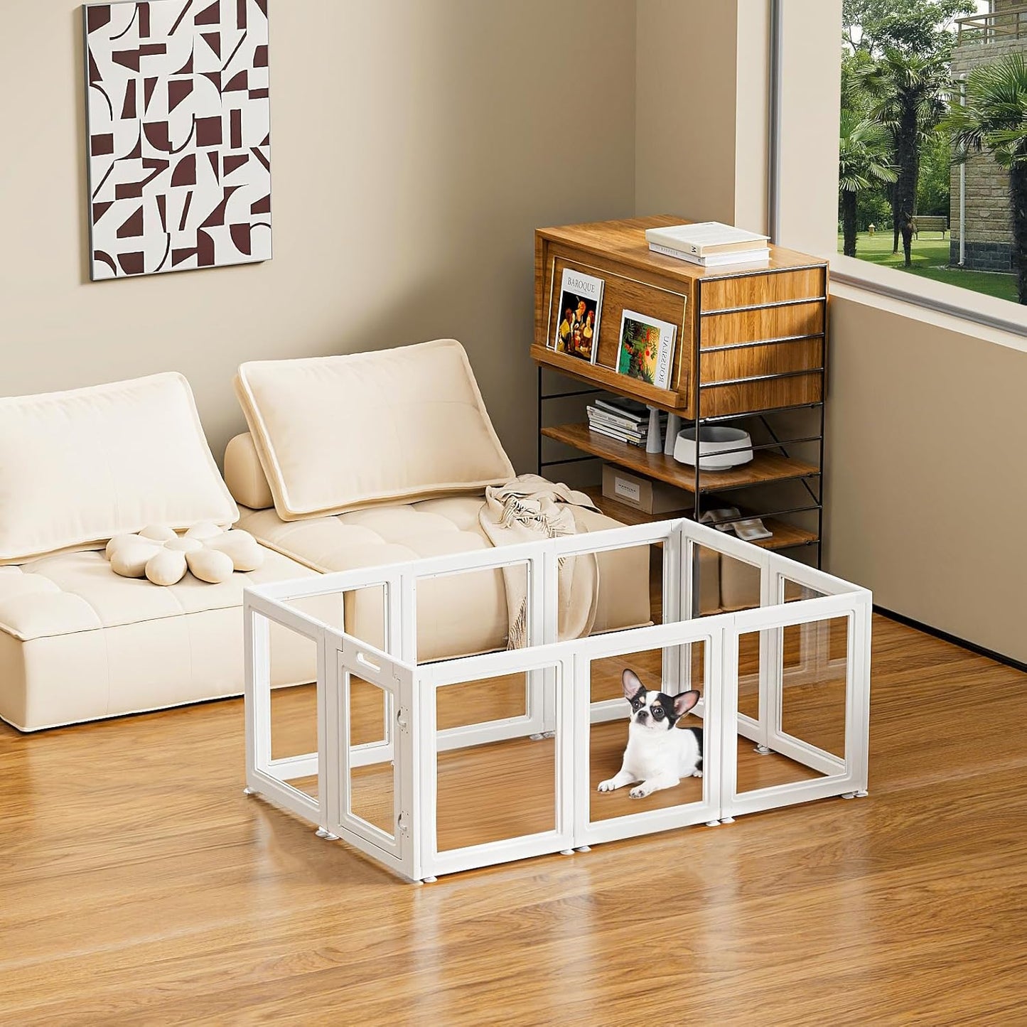 Dog Playpen Transparent Puppy Playpen Indoor, Easy Assemble & Disassemble Clear Pet Playpen, Sturdy & Easy Cleaning Plastic Dog Fence with Suction Cup (23.6"" H, 10PCS), White