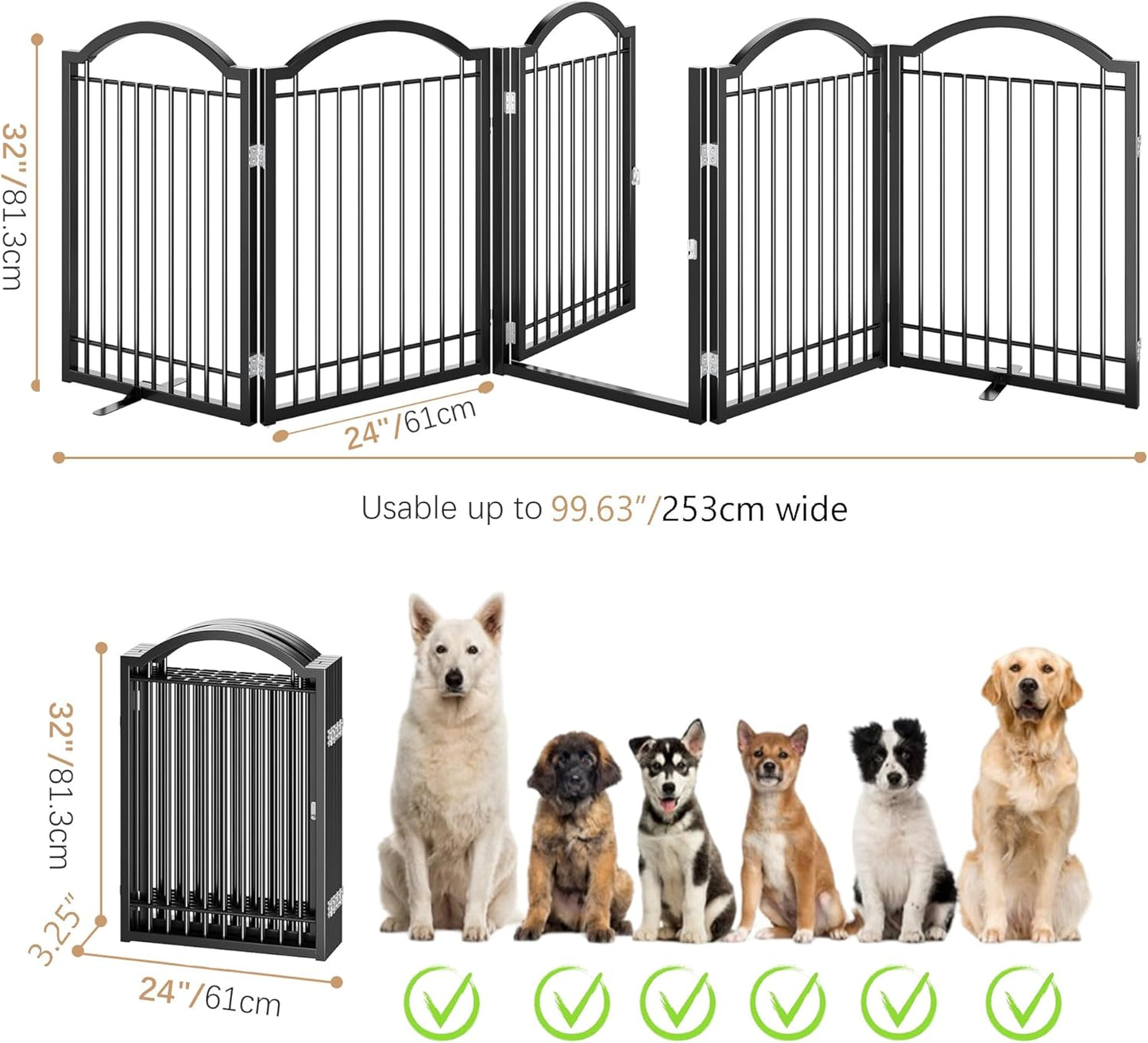 BHG Metal No-Assembly Freestanding Dog Gate with Door Walk Through, Extra Wide 120", Extra Tall 32" Pet Gate, Accordion Puppy Folding Playpen Dog Fence, with 2PCS Support (Black, 5 Panels)