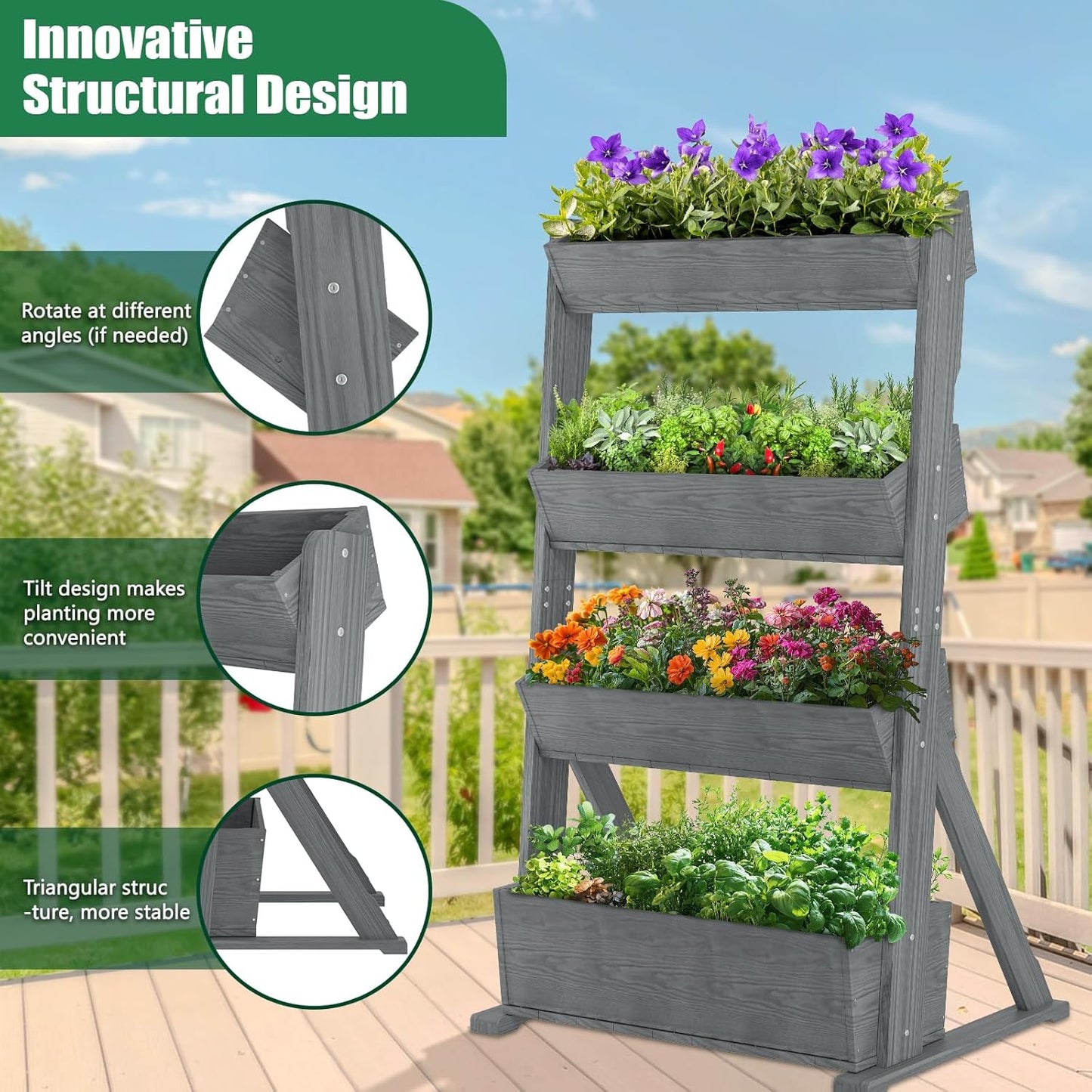 SUNYRISY 4 Tiers Vertical Raised Garden Bed Outdoor Planter Tower, Wooden Freestanding Planter Box for Planting Herbs Flowers Vegetables Backyard Patio Balcony Indoor Outdoor Gardening, Grey