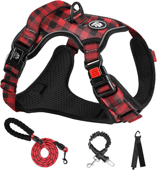 NESTROAD No Pull Dog Harness with Leash, Reflective No Choke Pet Vest Harness,Adjustable Soft Padded Dog Harness with Easy Control Handle for Large Dogs(Checkered Red,X-Large)