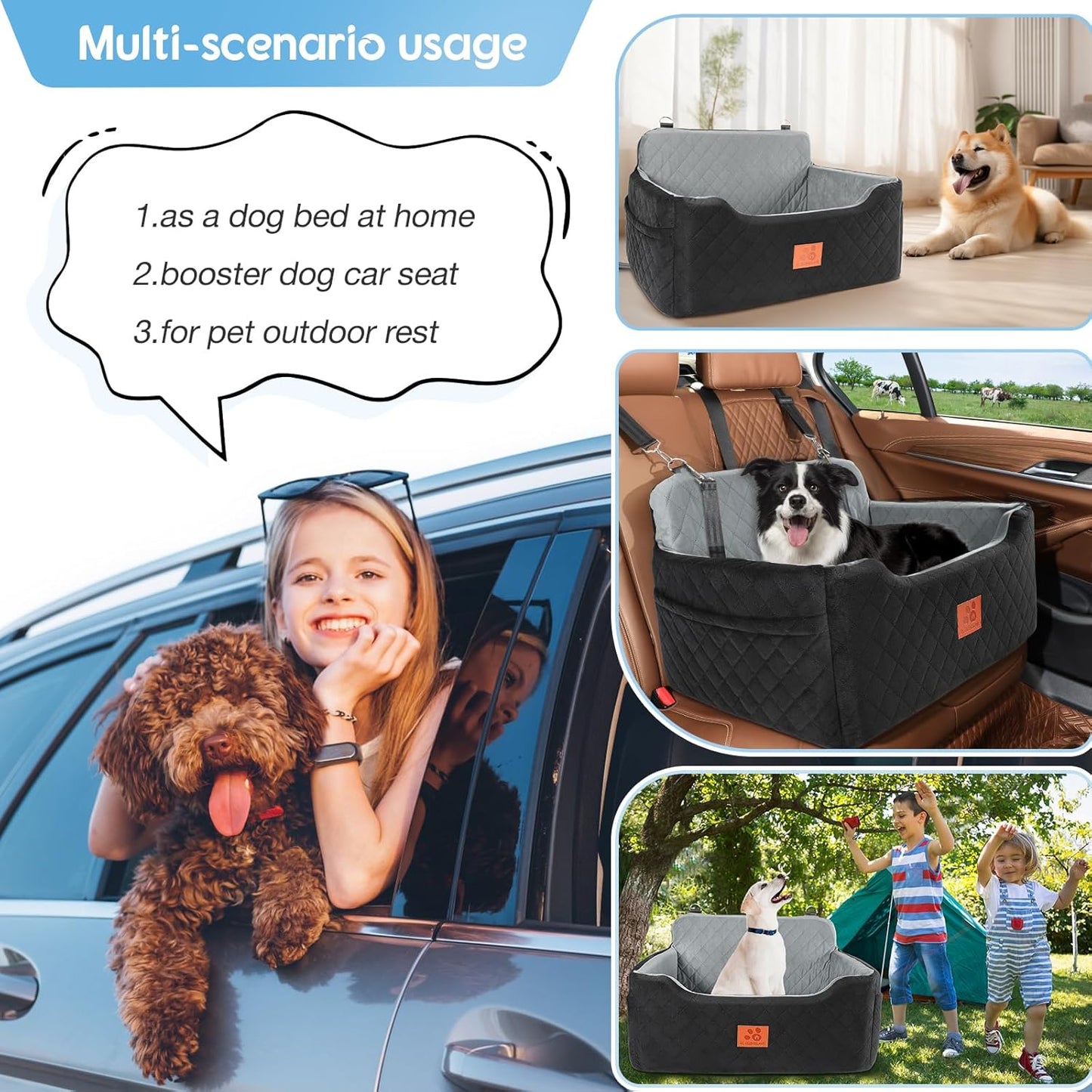 Dog Car Seat for Medium/Large Dogs,Dog Booster Seat for Dog Under 50lbs or 2 Small Dogs, Detachable and Washable Pet Car Seat,Multi-Functional Travel Dog Bed & Dog Sofa(Black/Grey)