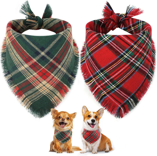 Vivifying Dog Christmas Bandana with Tassels Edges, 2 Pack Classic Plaid Triangle Pet Apparel & Accessories, Funny Holiday Dog Scarf Costume for Photo Prop, and Party Decor (Small, Red&Green)