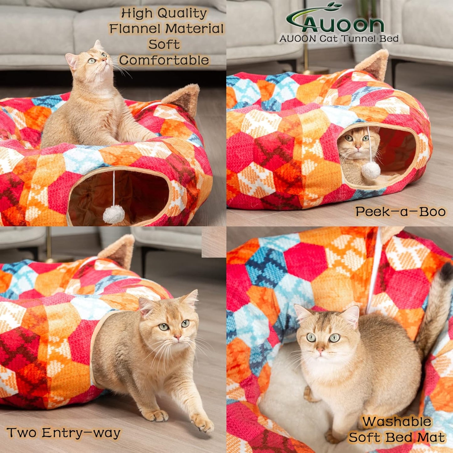 AUOON Cute Cat Donut Tunnel - Interactive Cat Tunnel Bed for Indoor Cats Kitten Kitty Puppy Rabbit Ferret (Orange)
