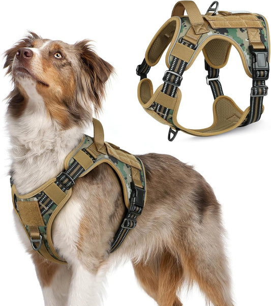 rabbitgoo Tactical Dog Harness Medium Sized Dog, No Pull Military Service Vest with Handle & Molle, Easy Control for Training Walking, Adjustable Reflective Straps, Brown camo, M