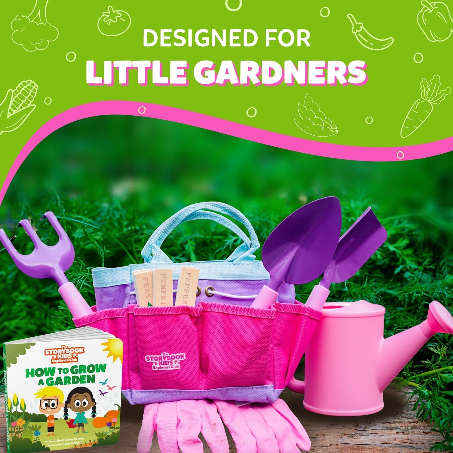 Pink Kids Gardening Tools - includes Sturdy Tote Bag, Watering Can, Gloves, Shovels, Garden Stakes, and a Delightful Children's Book "How to" Garden Tale - Kids Garden Tool set for toddler age on up.