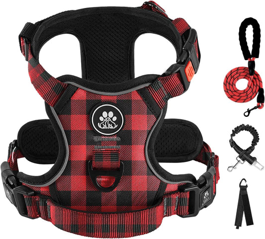 IVY&LANE No Pull Dog Harness with Leash Set, Reflective No Choke Pet Vest,Adjustable Oxford Dog Vest Harness with Easy Control Handle for Large Dogs (Checkered Red,L)