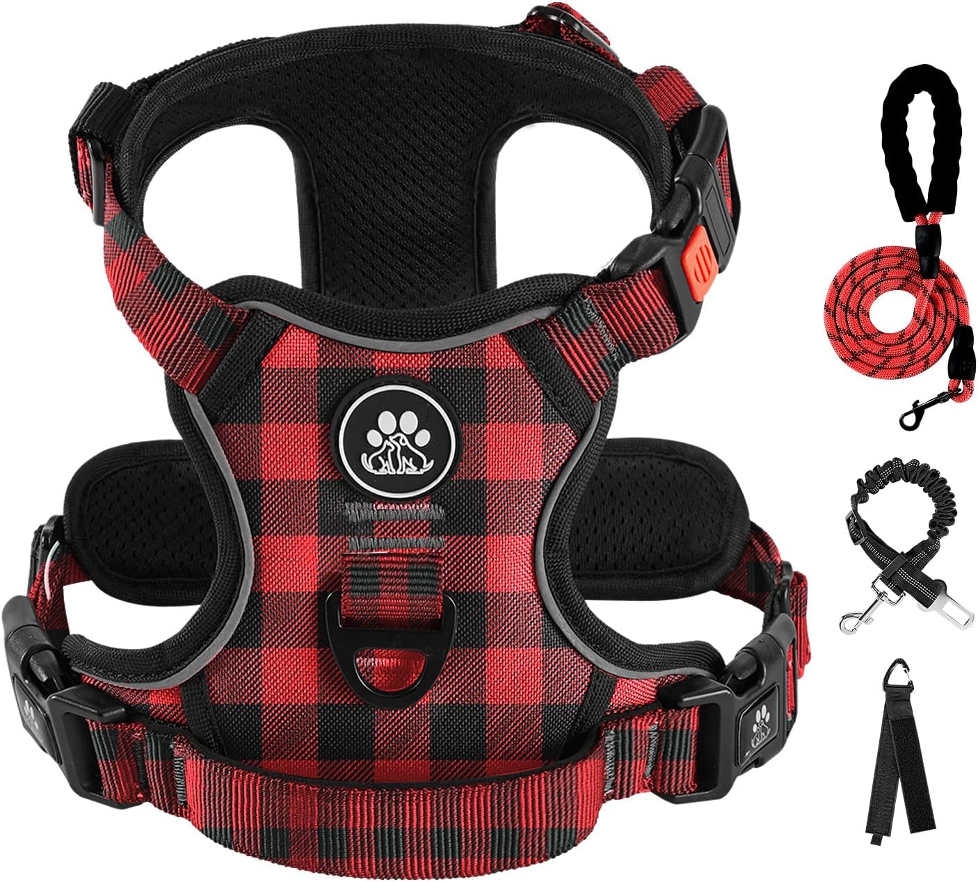 IVY&LANE No Pull Dog Harness with Leash Set, Reflective No Choke Pet Vest,Adjustable Oxford Dog Vest Harness with Easy Control Handle for Large Dogs (Checkered Red,XL)