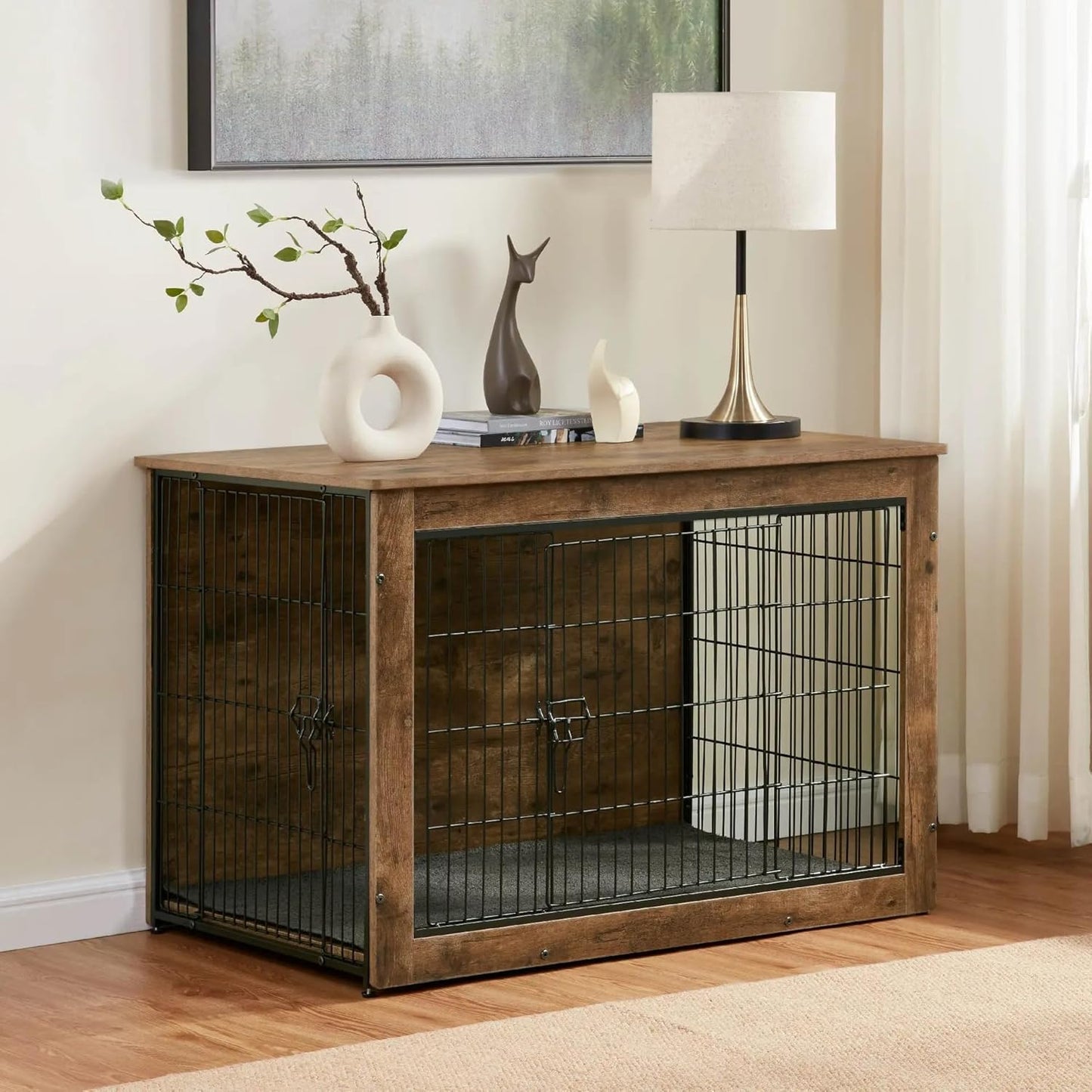 Dog Kennel Furniture, Wooden Dog Crate End Table, Heavy Duty Dog Crate, Decorative Pet Crate Dog Cage for Large Indoor Use (Rustic Brown) 27" L×20" W×23" H