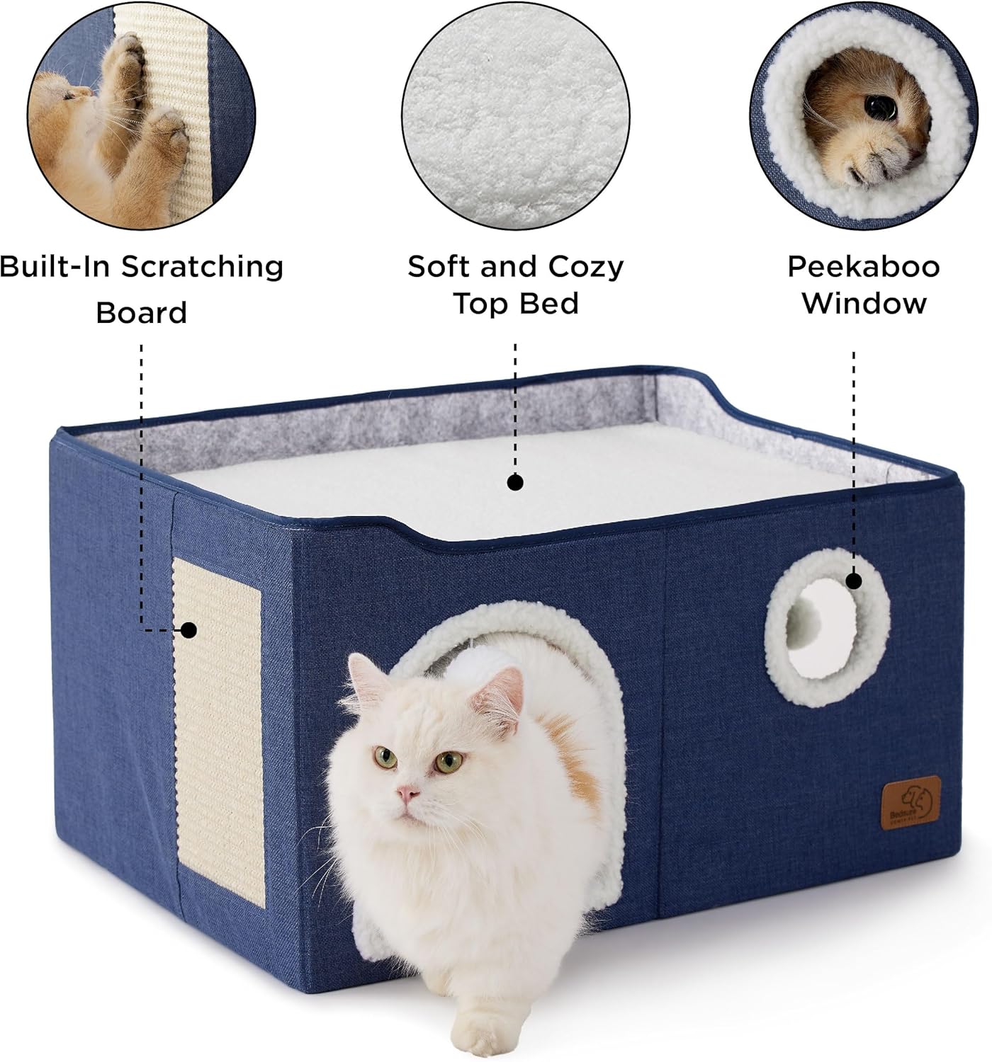 Bedsure Large Cat Beds for Indoor Cats - Extra Wide Cat Cube House for Small Pet with Fluffy Ball Hanging and Scratch Pad, Foldable Pet Cave Hideaway for Multiple Cats, 23.6x16.9x13 inches, Blue