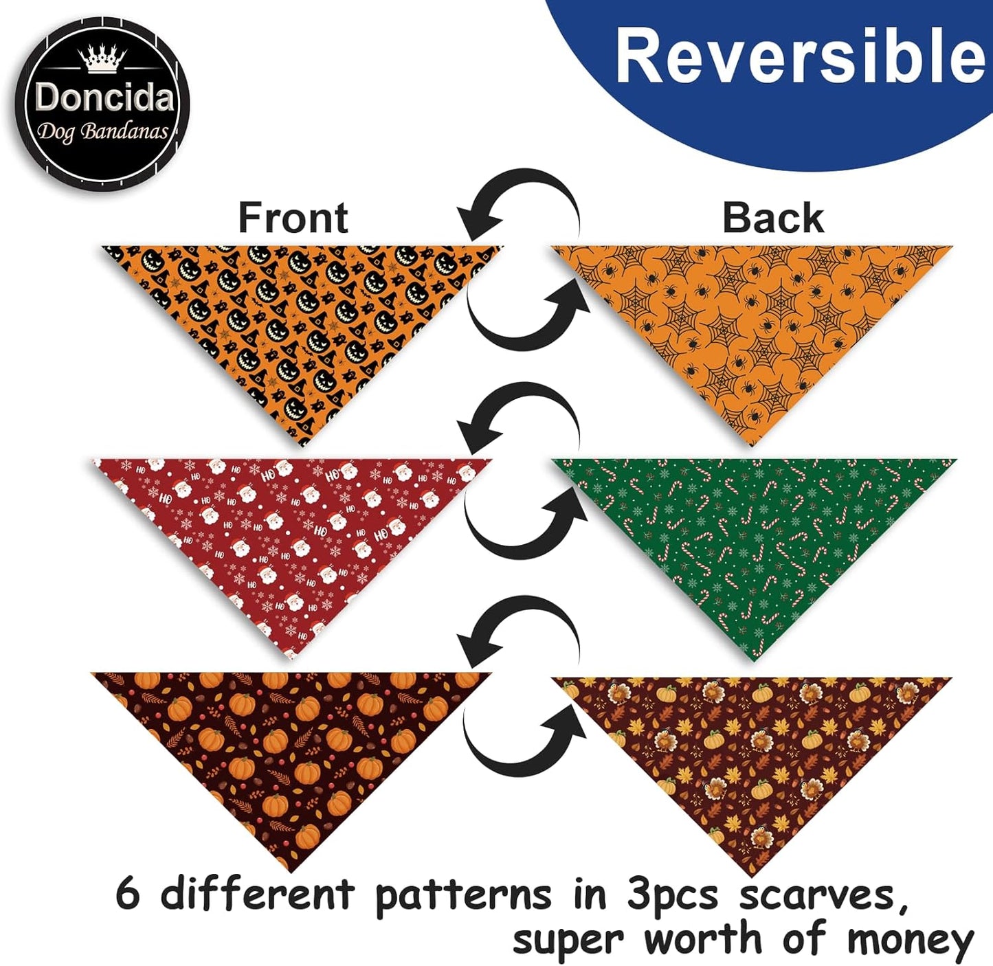 Doncida Halloween Dog Bandana and Thanksgiving Christmas Dog Bandanas 3 Pack, 6 Pattern Reversible Triangle Scarf for Small and Medium Dogs, Premium Durable Fabric Bibs for Pets (Small)