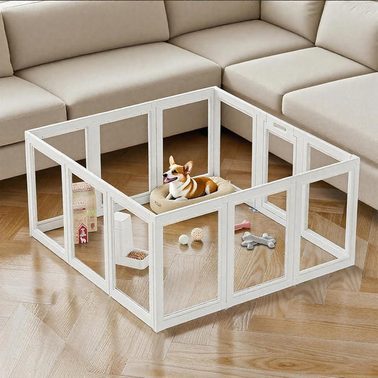 Clear Acrylic Dog Playpen Transparent Dog Playpens Indoor, Small Pet Play Pen for Small Dogs, Puppies, Cats & Rabbits, Assemble & Disassemble, with Door & Suction Cups (23.6" H, 12PCS),White