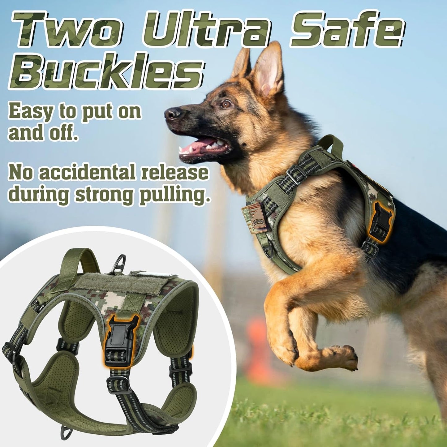 rabbitgoo Tactical Dog Harness for Large Dogs, No Pull Military Service Vest with Handle & Molle, Easy Control for Training Walking, Adjustable Reflective Straps, Green camo, XL