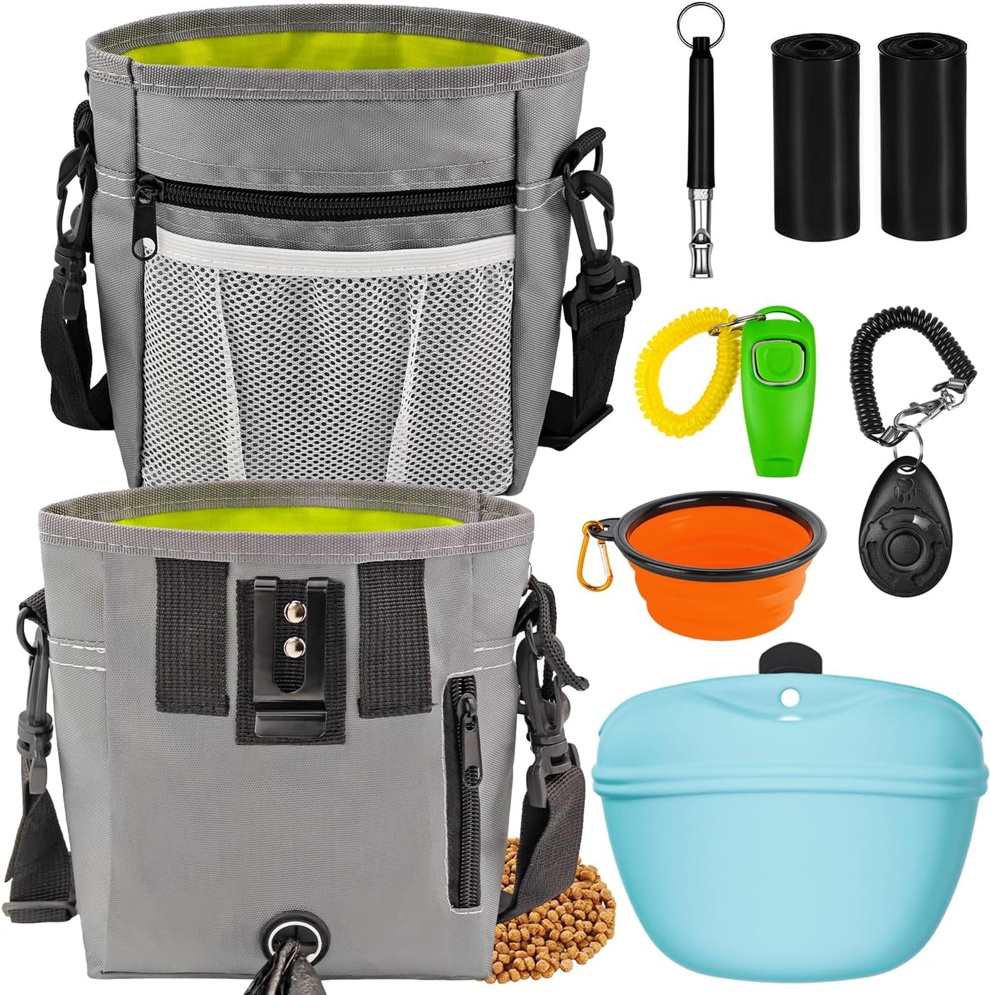 JIURUN Dog Treat Bag, Dog Training Kit - Treat Pouch, Pet Training Fanny Pack, Puppy Training Clicker, 2-in-1 Whistle Clicker, Collapsible Dog Bowl, 2 Dog Poop Bag（Gray）