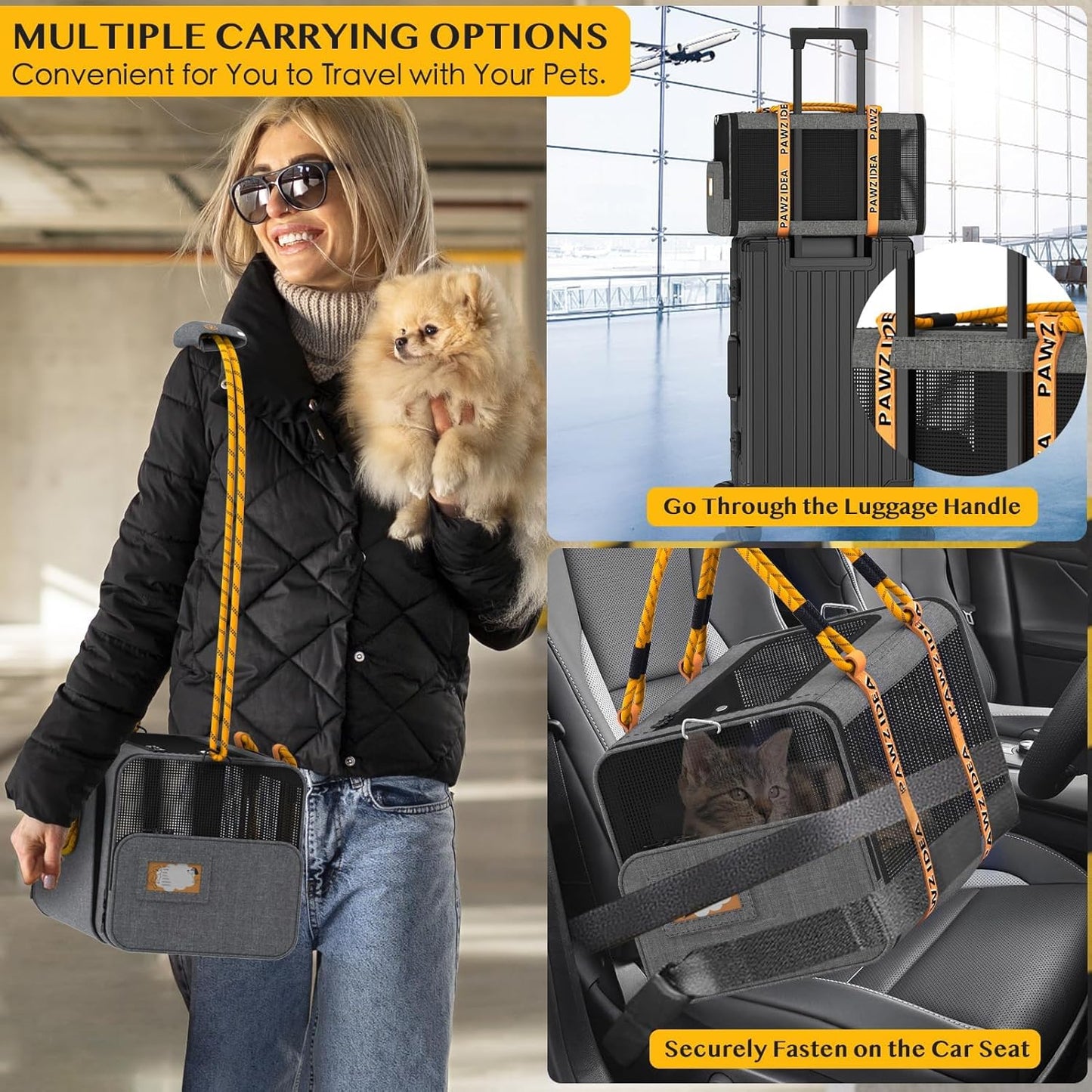 PAWZIDEA Expandable Pet Carrier w/ID Card, 18x11x11 in Small Dog Carrier TSA Airline Approved, Top Load Cat Carrier for 2 Cats Under Seat, Soft-Sided Collapsible Puppy Car Seat Dog Travel Bag, Up 15lb