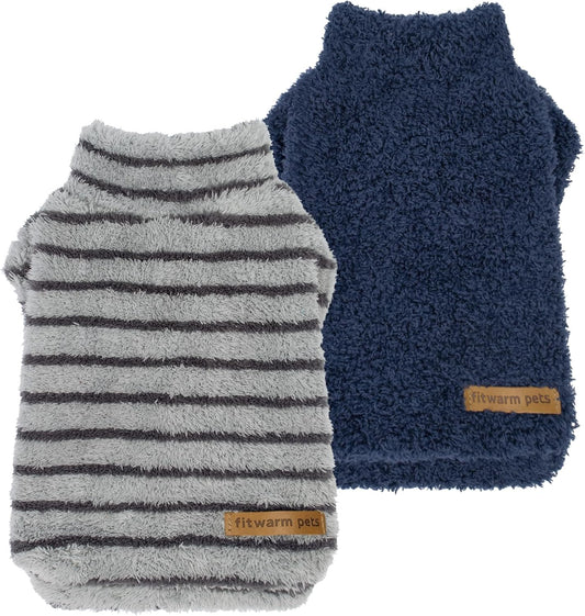 Fitwarm 2 Pack Striped Fleece Dog Sweater, Warm Winter Dog Clothes for Small Dogs Boy Girl, Fuzzy Pet Outfit, Puppy Chihuahua Jumper, Grey, Navy, XS
