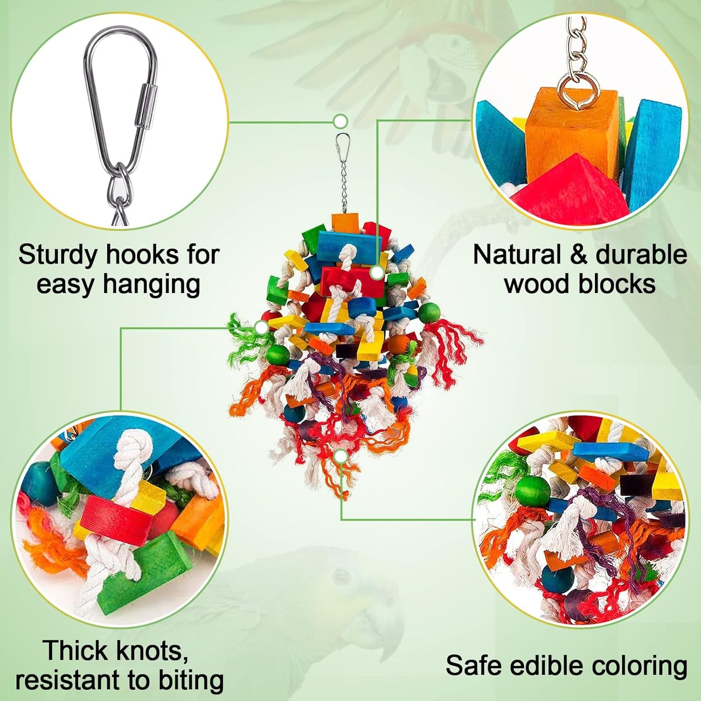 Large Parrot Toy - Multicolored Wooden Blocks Tearing Toys for Birds Suggested for African Grey, Macaw and Amazon Parrots