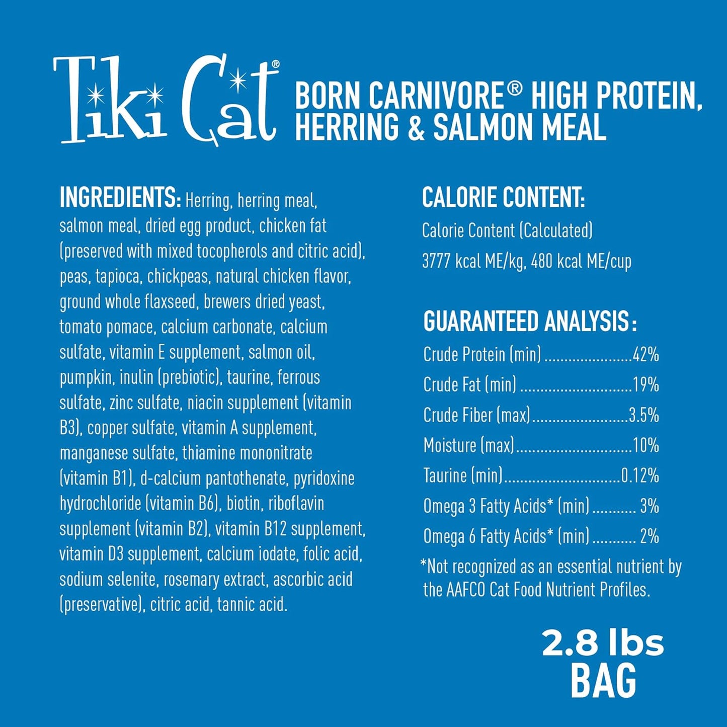 Tiki Cat Born Carnivore High Protein Dry Cat Food, Herring & Salmon Meal, 2.8 lbs. Bag