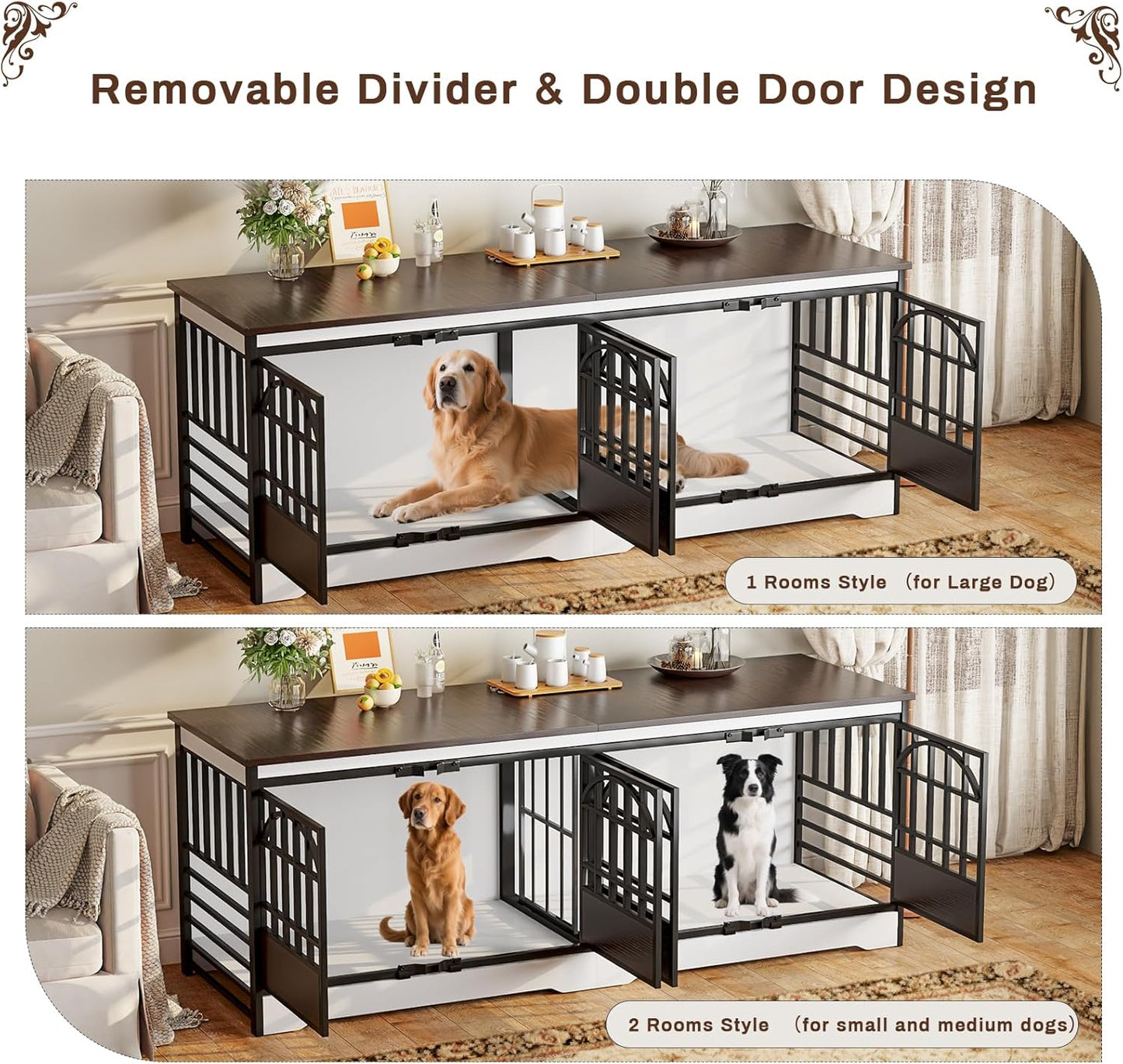 COZPAW 86 Inch Double Dog Crate Furniture for 2 Large Dogs, Decorative Dog Kennel Indoor TV Stand, Heavy Duty Wooden Dog Cage for Large Medium Dogs Sized Dog Pet House with Divider (White)