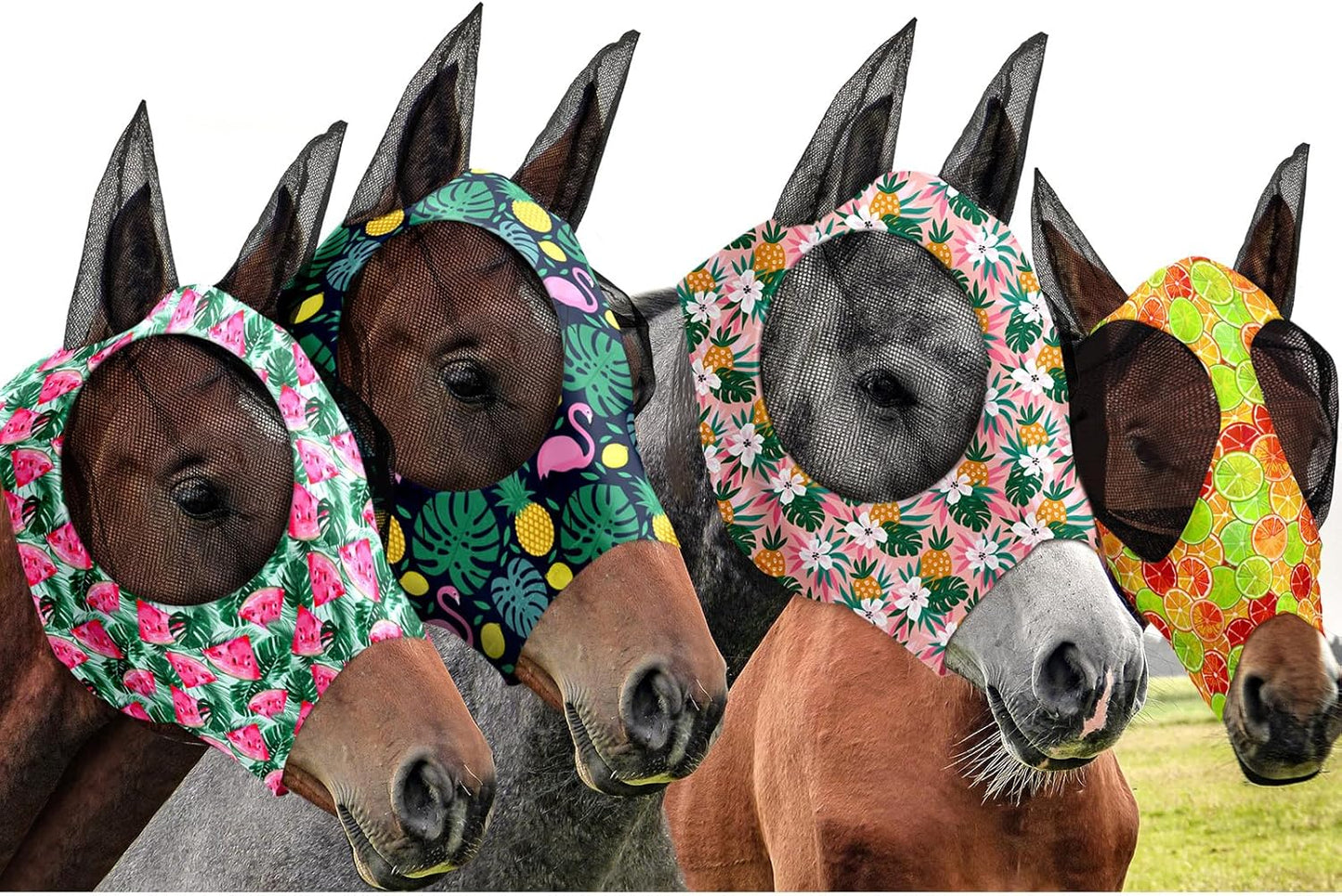 Frienda 4 Pieces Horse Fly Masks with Ears Face Covering UV Protection from Insect Pests Elasticity Smooth Comfortable Mesh Horse Mask Accessories(Fruit,Medium)