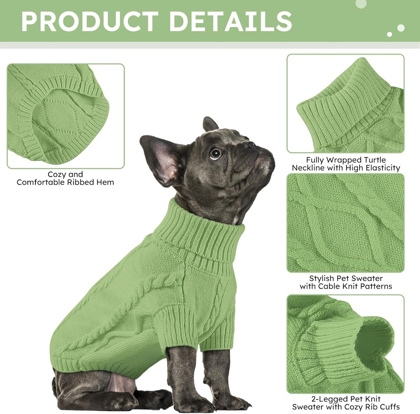 Queenmore Small Dog Pullover Sweater, Cold Weather Cable Knitwear, Classic Turtleneck Thick Warm Clothes for Chihuahua, Bulldog, Dachshund, Pug, Yorkie (Green, X-Small)