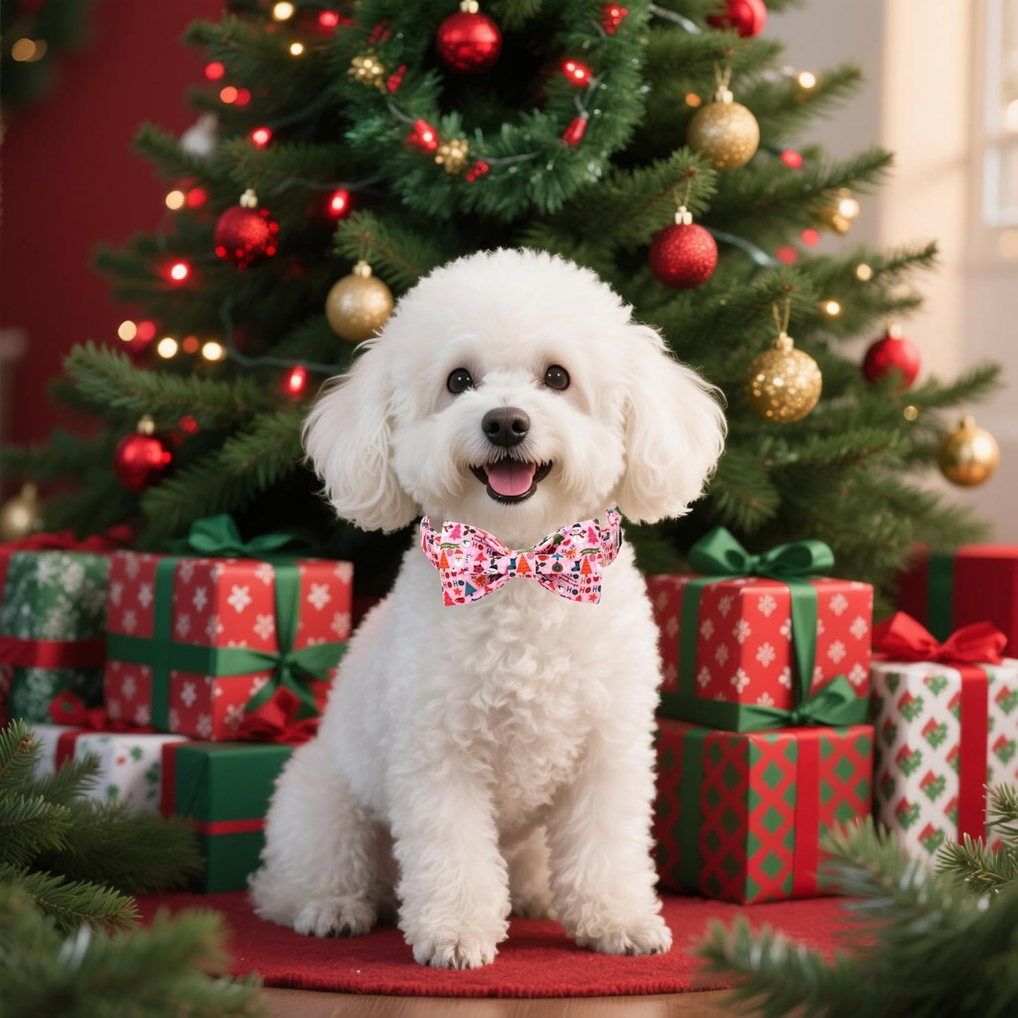 Lionet Paws Christmas Dog Collar with Bow tie,Cute Ho Christmas Tree Snowman Pink Dog Collar Bow Tie for Dogs Female, Medium, Neck 13.5-22 inches