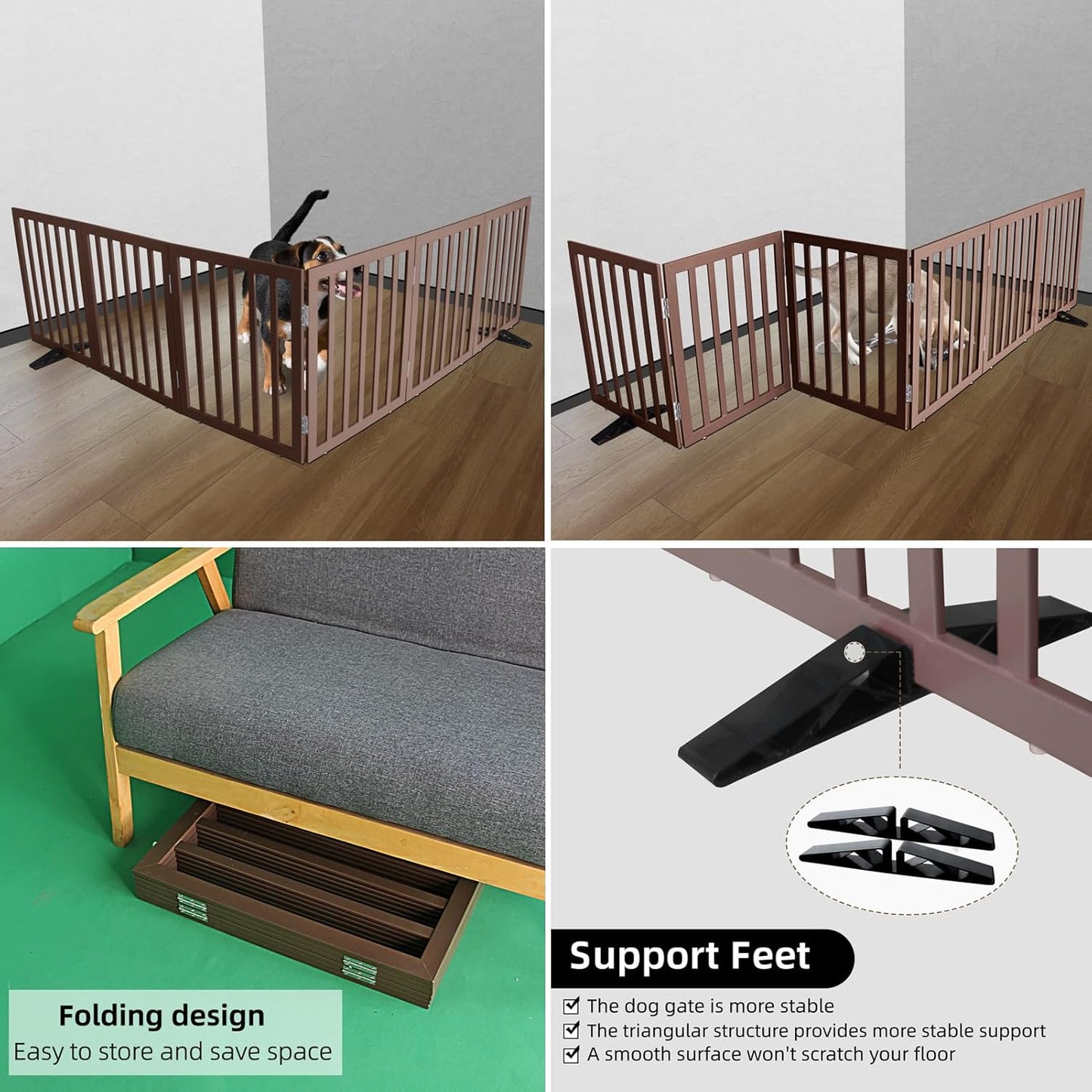 ZJSF Freestanding Indoor Dog Gate for House Foldable Wood Puppy Gate for Doorways Pet Gate for Stairs Extra Wide Pet Fence, Brown, 32" Height 6 Panels