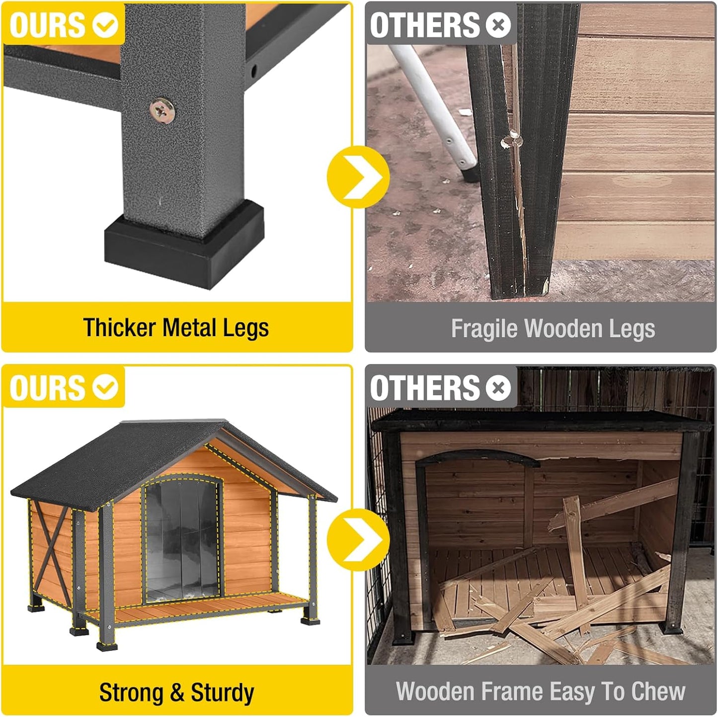 Aivituvin Dog House with Insulated Liner Outdoor All-Around Iron Frame Dog Kennel Outside with Overhang Roof Large Porch Weatherproof