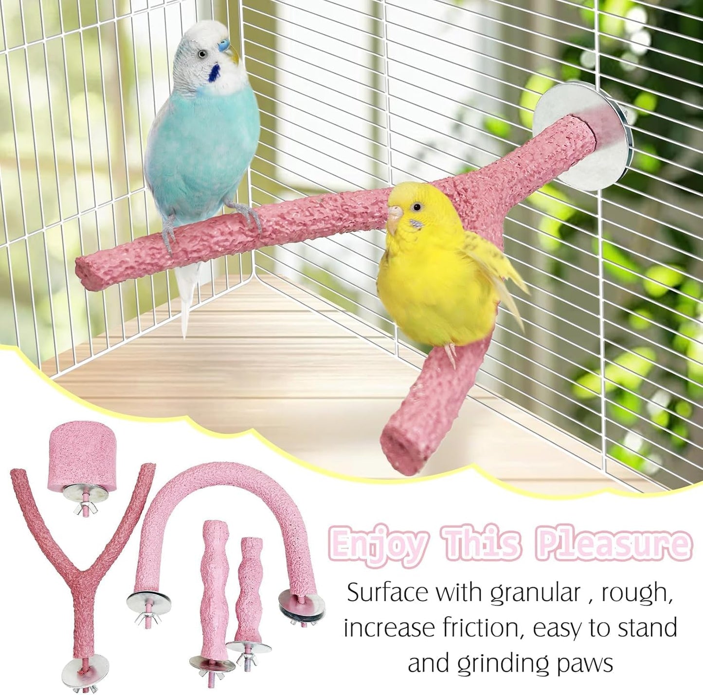 PINVNBY 5 Pack Bird Perch Resin Bird Beak Grinding Stone Parrot Cage Perch Stand Platform Foot Claws Trimmer Chew Toy Bird Cage Accessories for Budgie Cockatiel Conure Lovebird Finch (Pink)