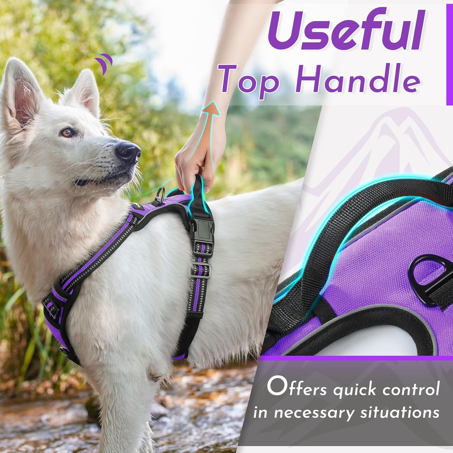 Eagloo Dog Harness Medium Sized Dog, No Pull Service Vest with Reflective Strips and Control Handle, Adjustable and Comfortable for Easy Walking, No Choke Pet Harness with 2 Metal Rings, Purple, M