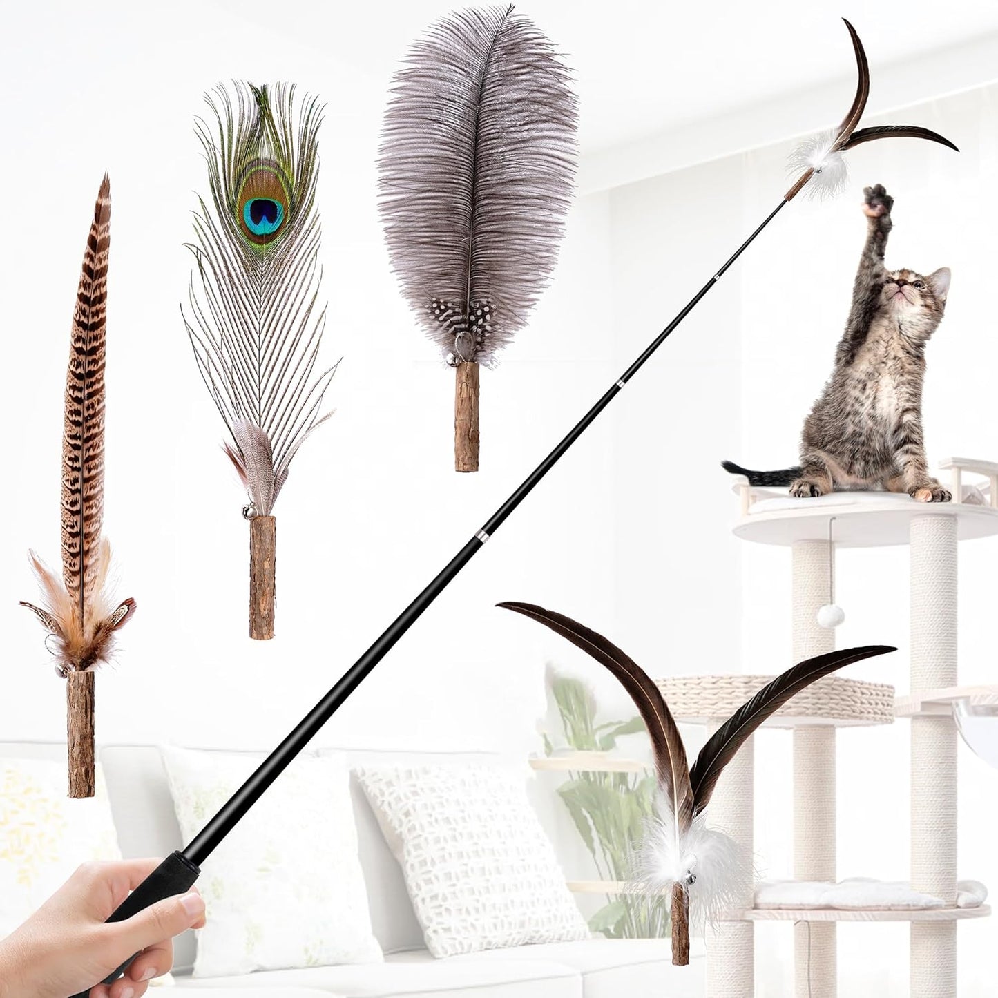 JXFUKAL 2025 Latest Cat Wand Toy, 68”Extra Long Cat Fishing Pole Toy, 4PCS Natural Huge Feather Refills with Silvervine Sticks for Indoor Cats Kitten Kitty Teeth Cleaning Exercise Accessories