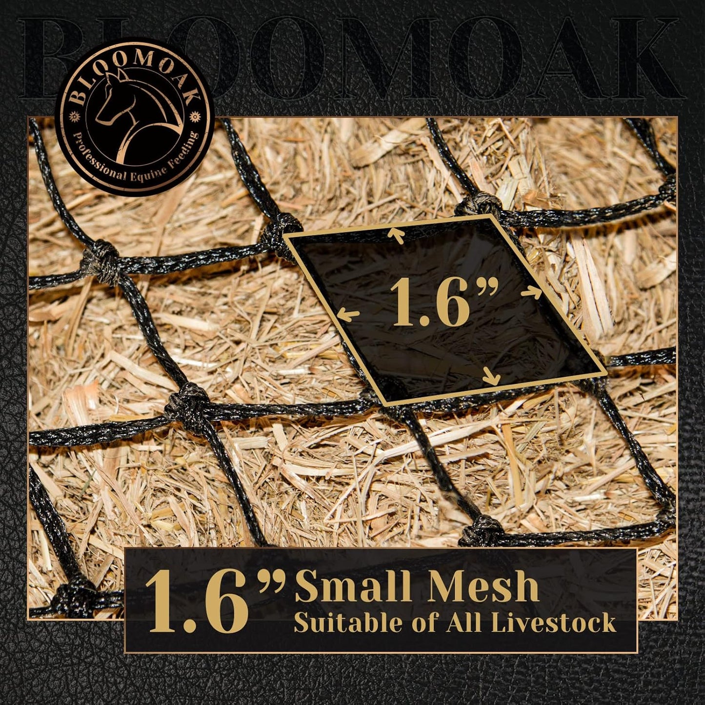 Bloomoak Slow Hay Net Feeder for Horses, Durable Soft Black PE 2/3 String Hay Bales Bags, Fit 36x18x18 to 47x25x17 Inches, Extends 50-64 Inches (2 1.6" Hole/2PC)