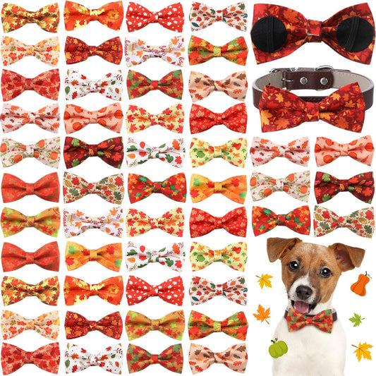 Hillban 50 Pcs Fall Thanksgiving Dog Collar Bow Ties Maple Leaves Dogs Collar Accessories Bow Ties Attachment with Elastic Bands Detachable Charms for Pet Costume Photo Props Accessories Pet Shops