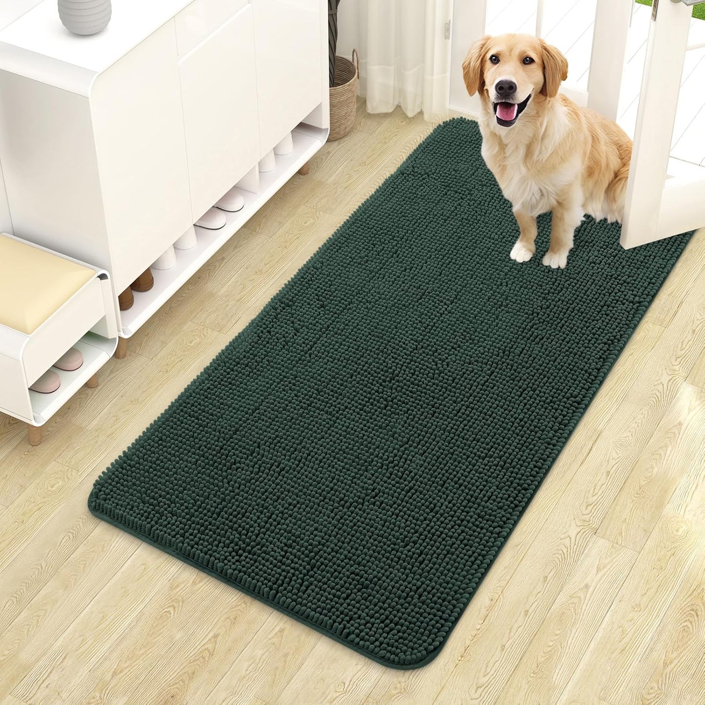 OLANLY Dog Door Mat for Muddy Paws 44x24, Absorbs Moisture and Dirt, Absorbent Non-Slip Washable Doormat, Quick Dry Chenille Mud Mat, Entry Indoor Entryway Carpet for Inside Floor, Blackish Green